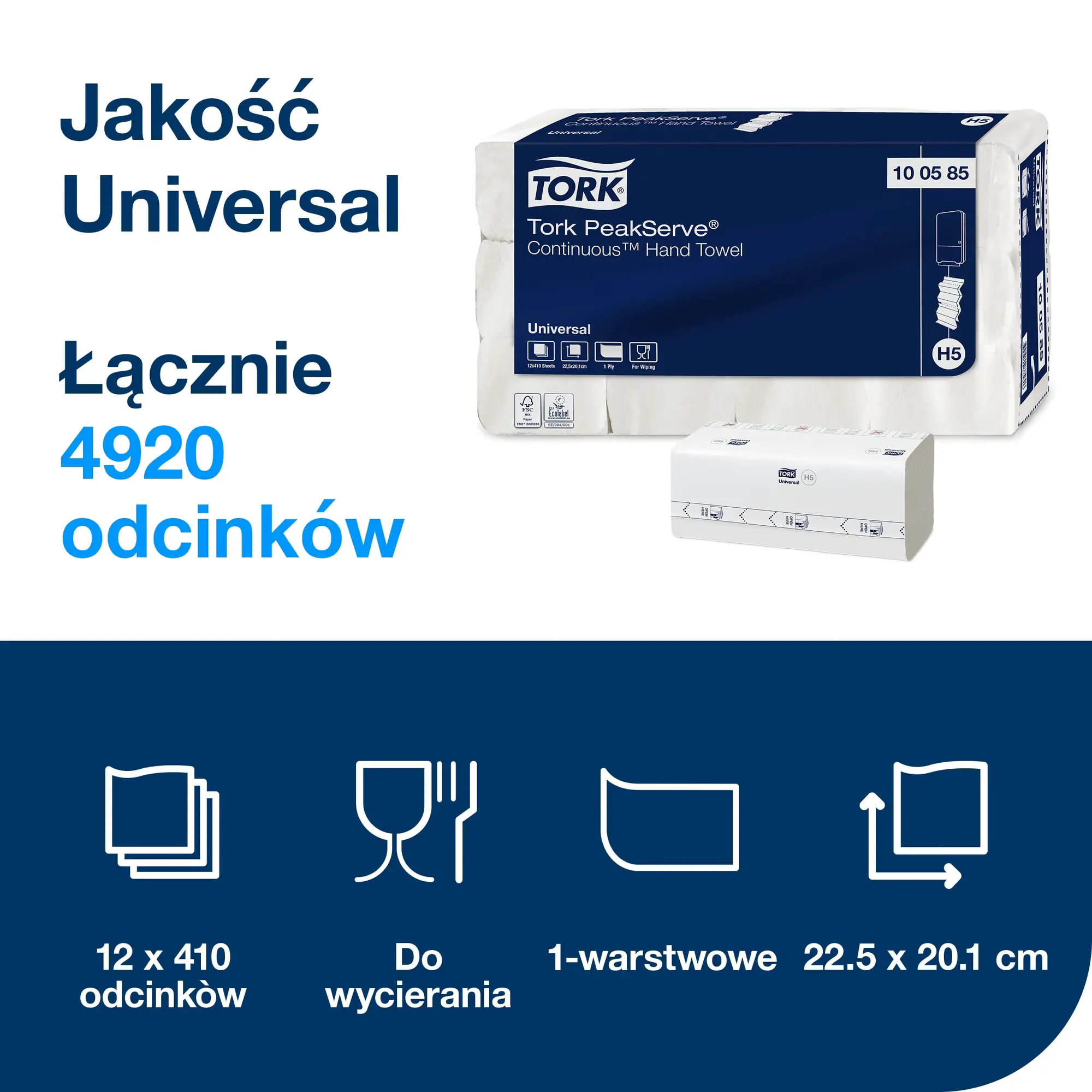 Tork PeakServe® niekończący się ręcznik do rąk 100585, specyfikacja techniczna 4920 odcinków o wymiarach 22.5x20.1 cm
