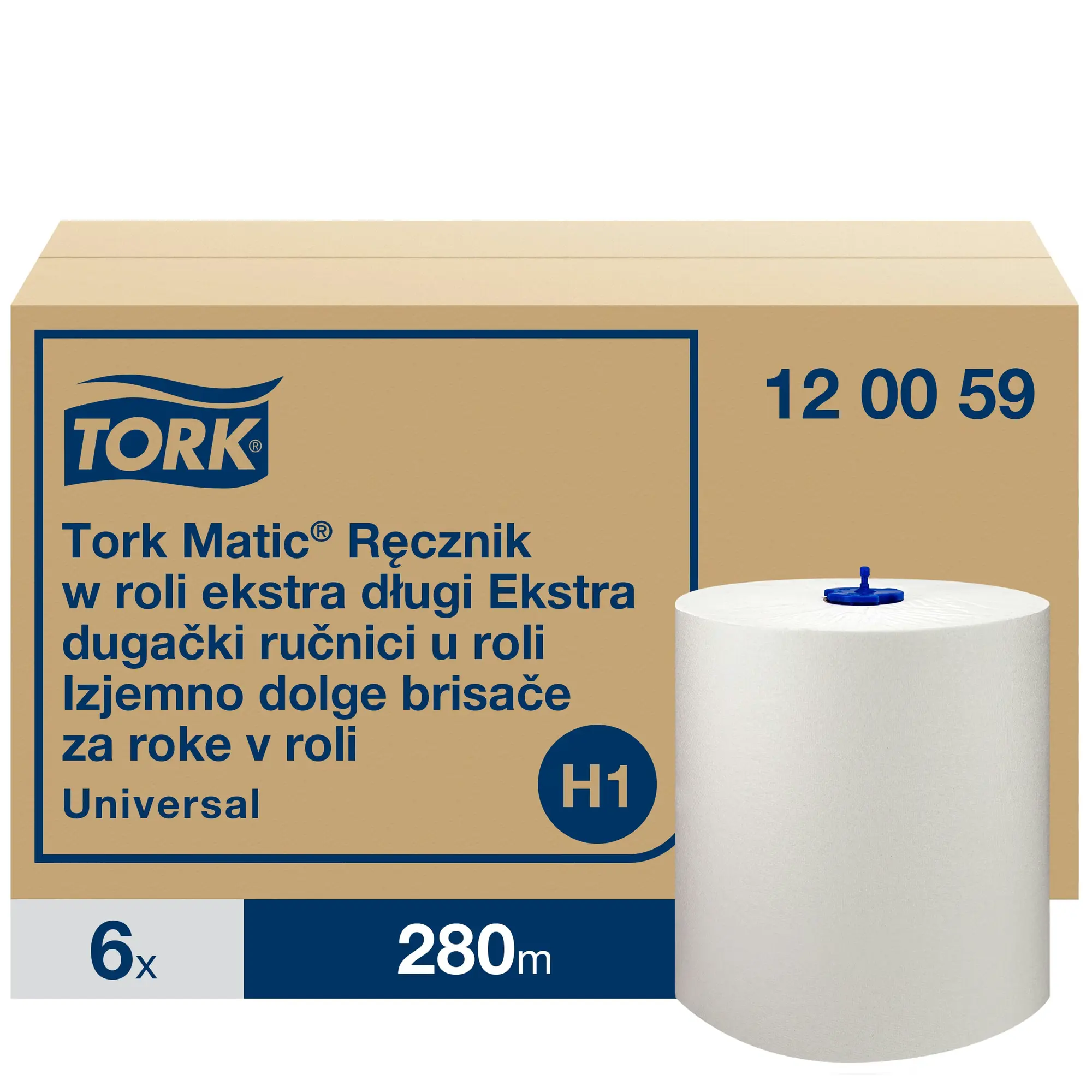 Tork Matic® ekstra długi ręcznik w roli, biała rolka na tle kartonowego opakowania zbiorczego 6 sztuk