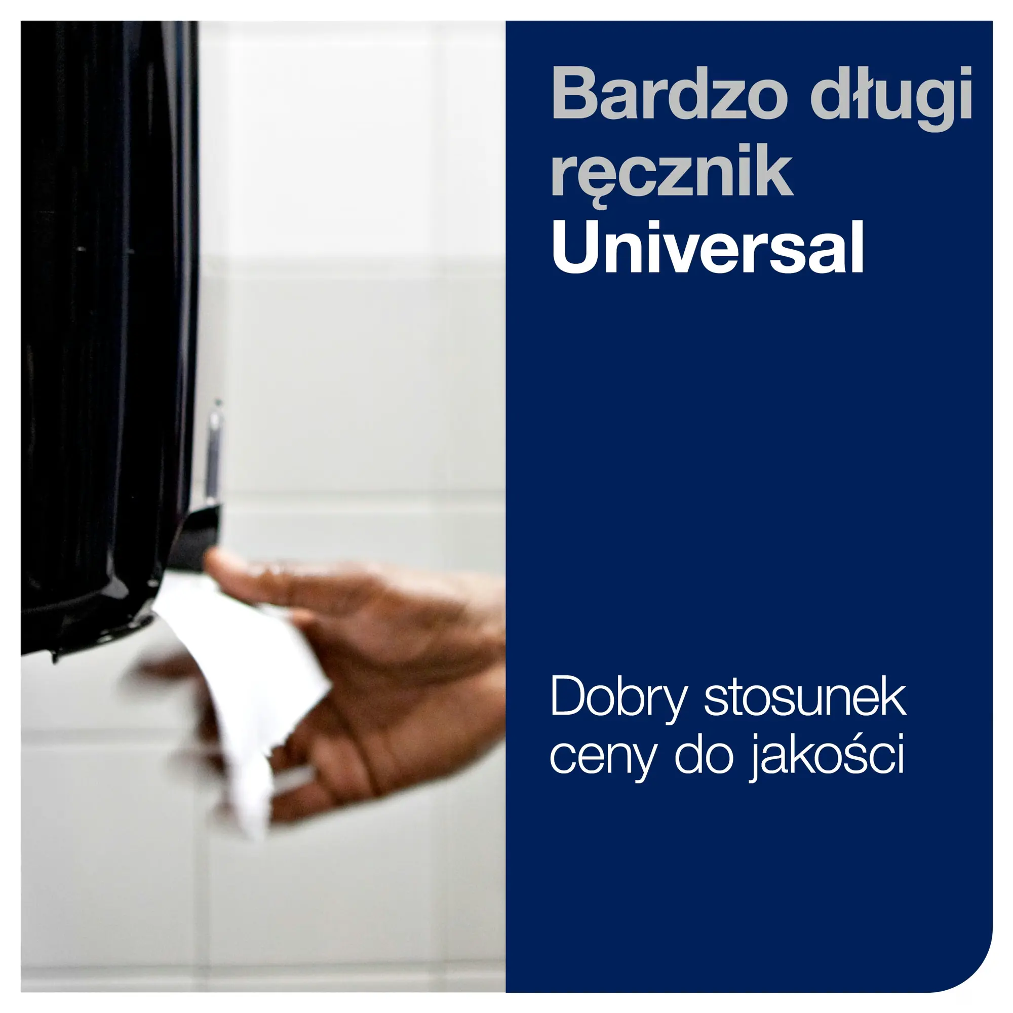 Tork Matic® ekstra długi ręcznik w roli, dłoń wyciągająca papier z czarnego dozownika w łazience