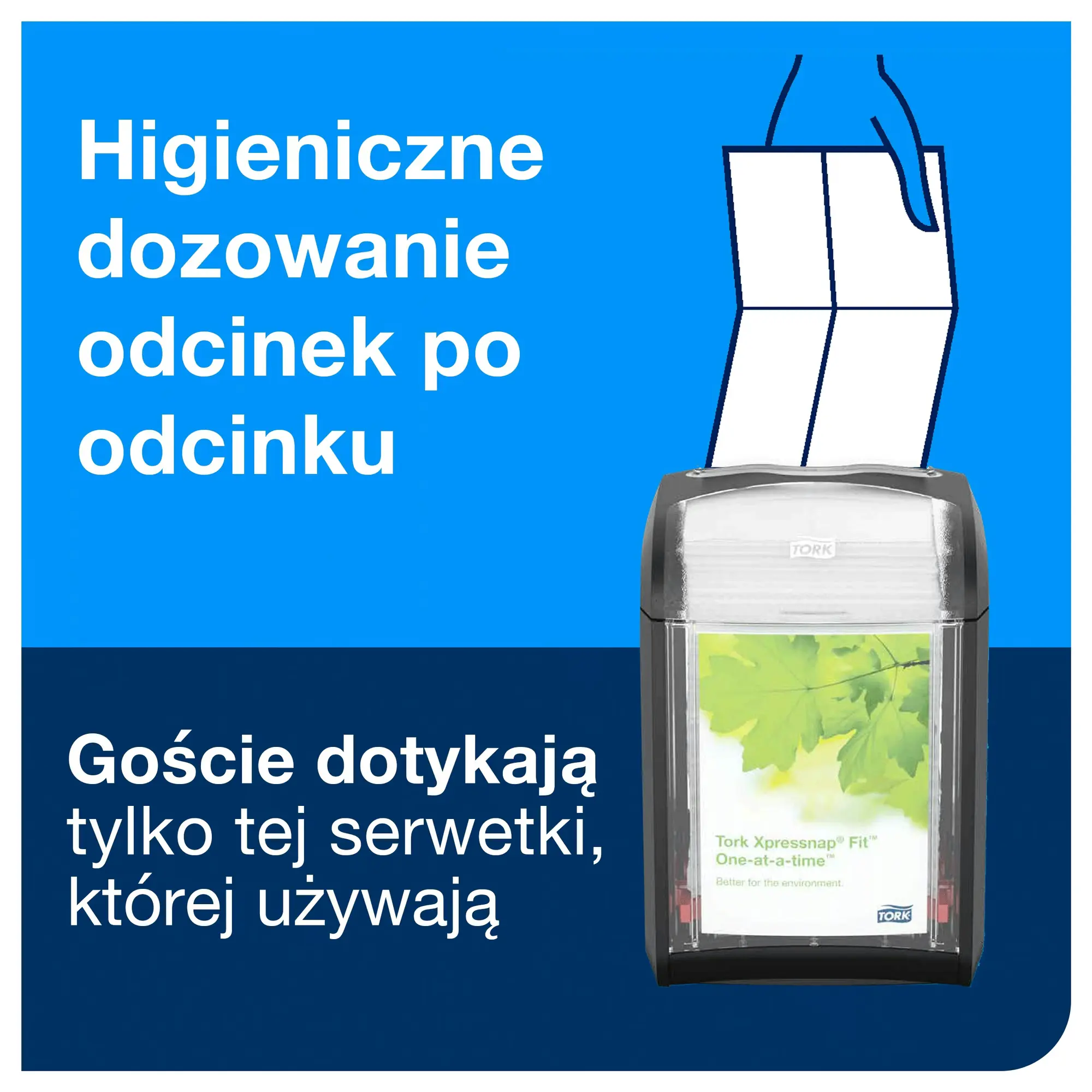 Tork Xpressnap Fit naturalne serwetki dyspenserowe N14, schemat higienicznego dozowania pojedynczych odcinków