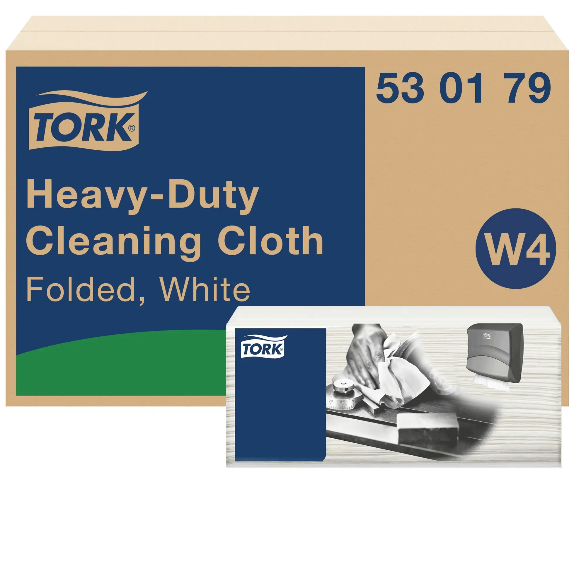 Ściereczki do trudnych zabrudzeń Tork W4 białe, kartonowe opakowanie z systemem W4 i kodem 530179