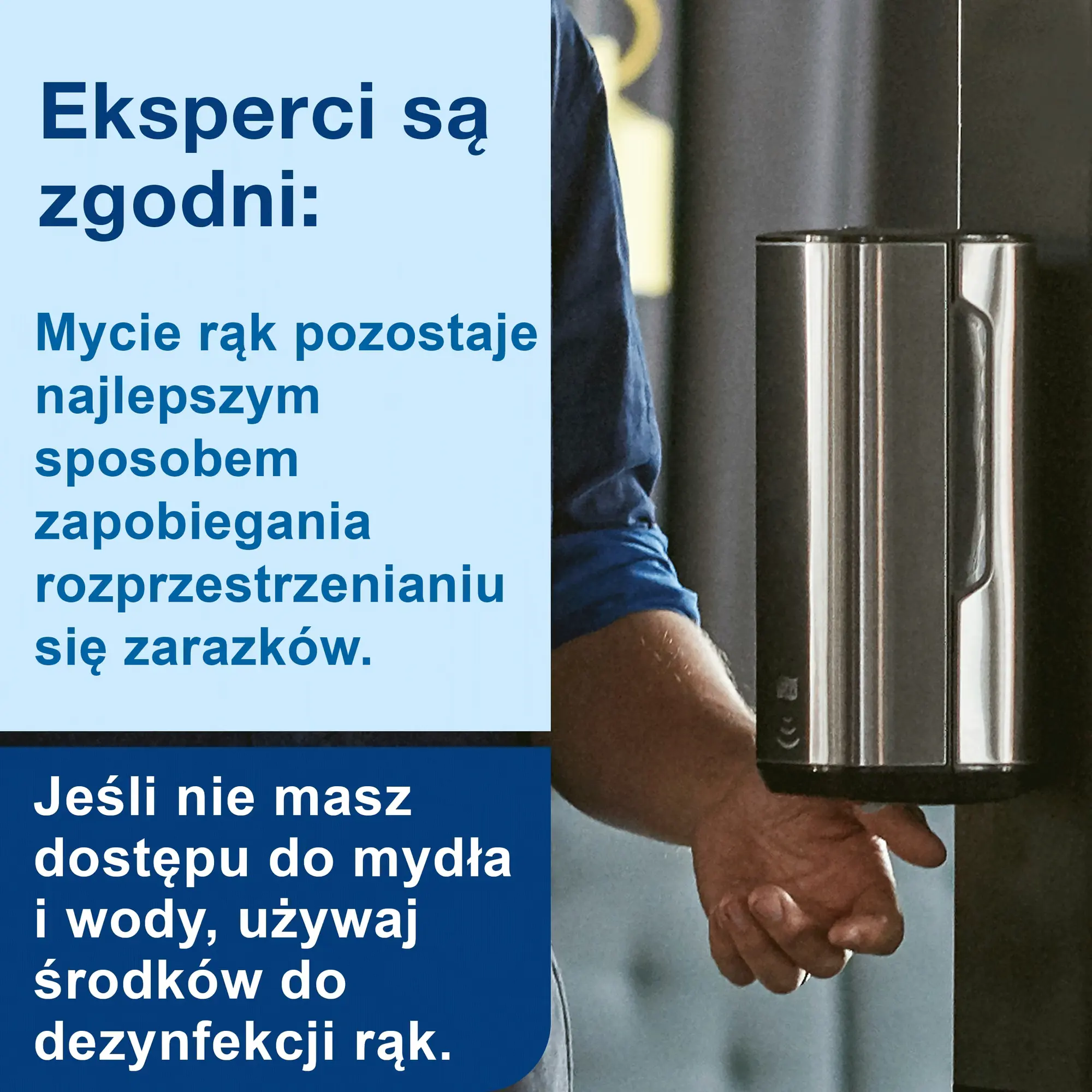 Tork alkoholowy preparat w żelu do dezynfekcji rąk, dłoń pod dozownikiem w nowoczesnym wnętrzu