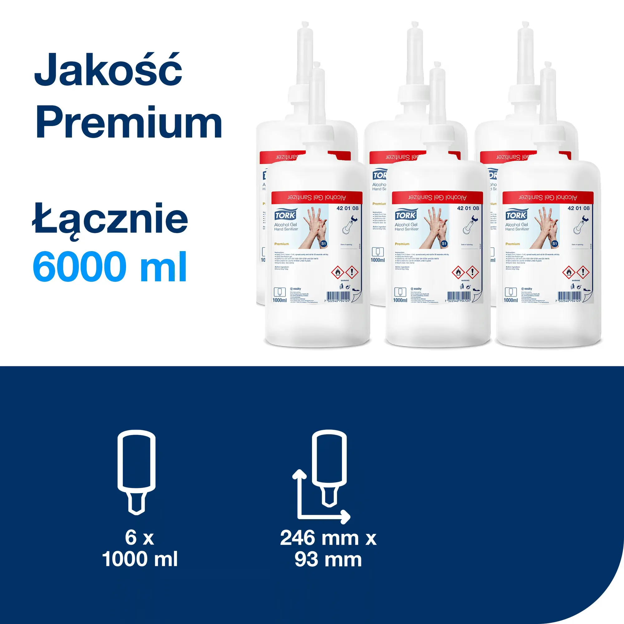 Tork alkoholowy preparat w żelu do dezynfekcji rąk, opakowanie zbiorcze 6 sztuk o łącznej pojemności 6000 ml