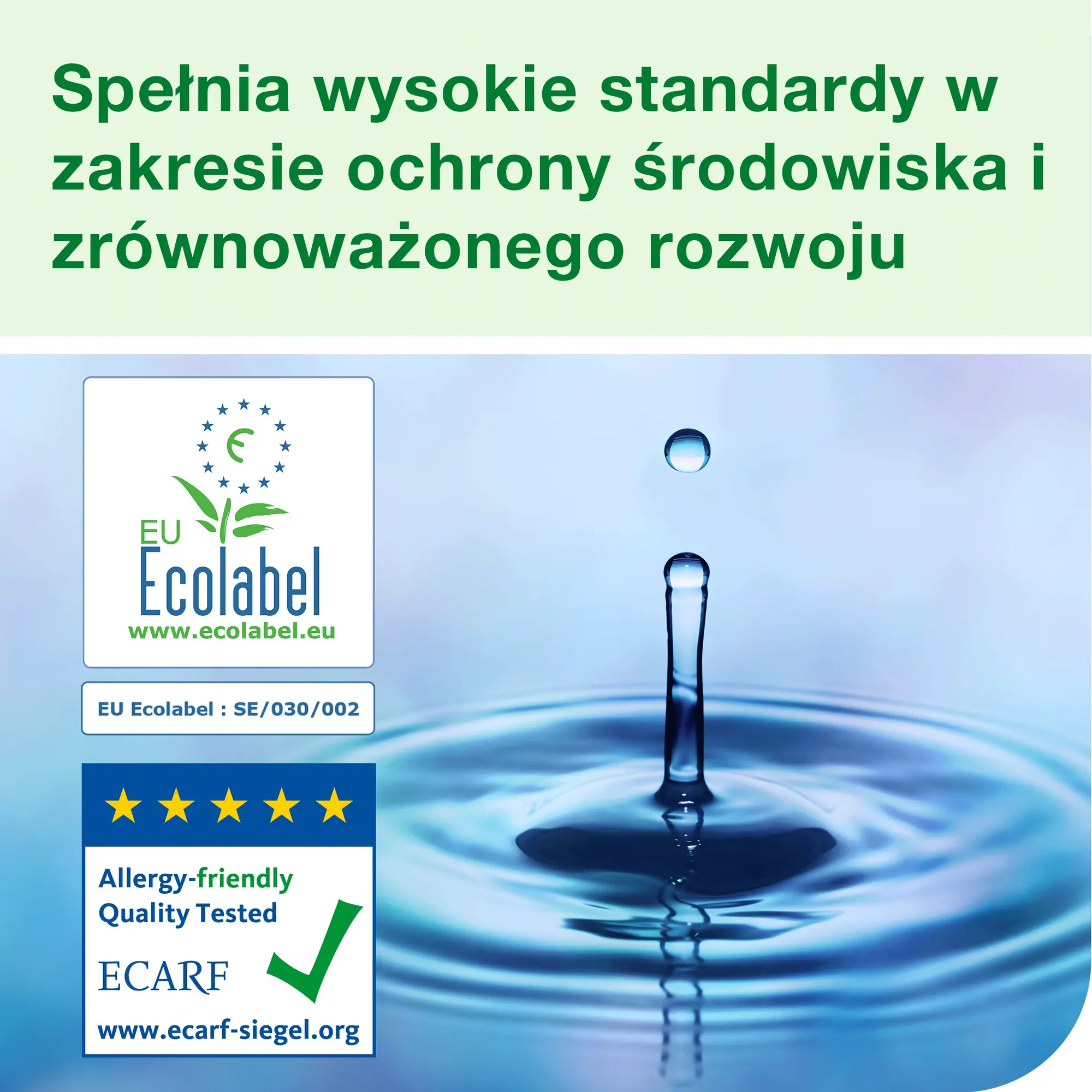Tork łagodne mydło w pianie do rąk S4, certyfikaty EU Ecolabel oraz ECARF na tle kropli wody