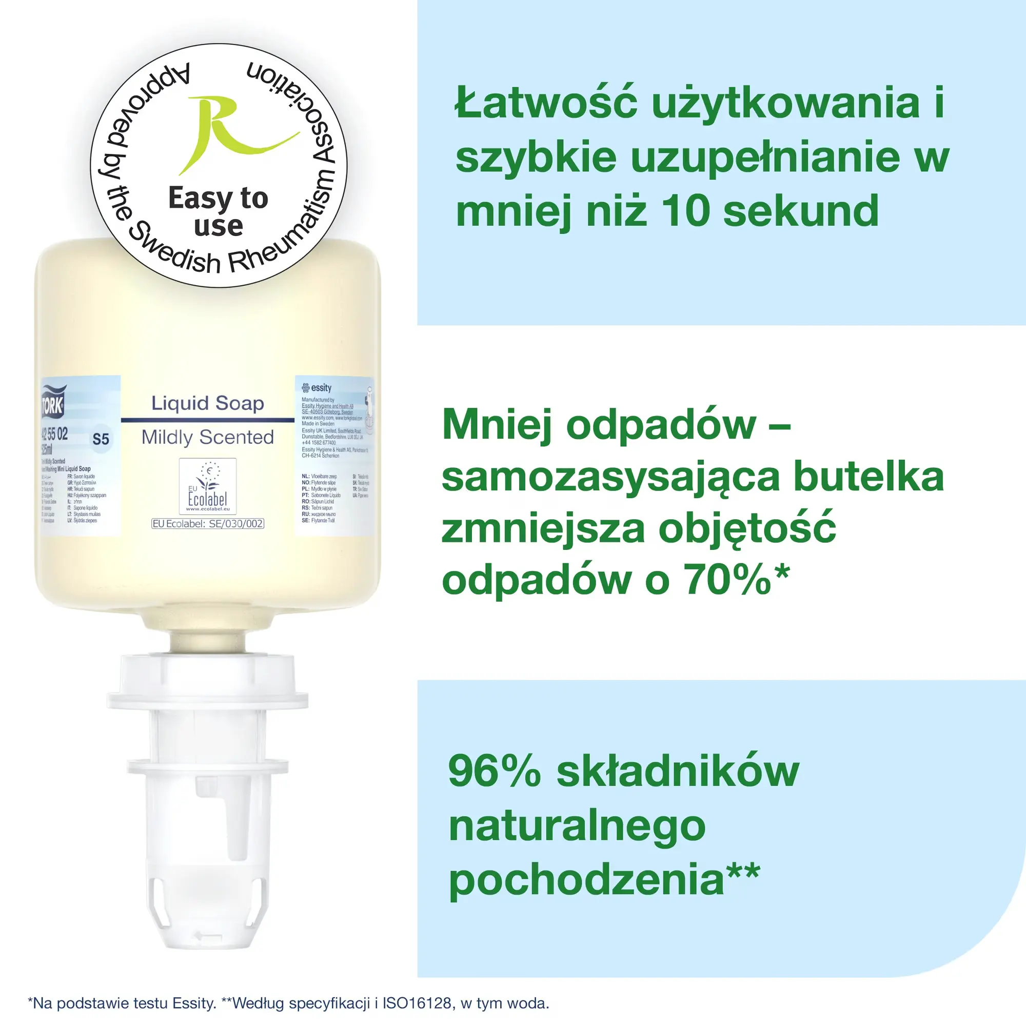 Tork mydło w płynie mini S5, certyfikat Easy to use oraz informacja o 96% składników naturalnych
