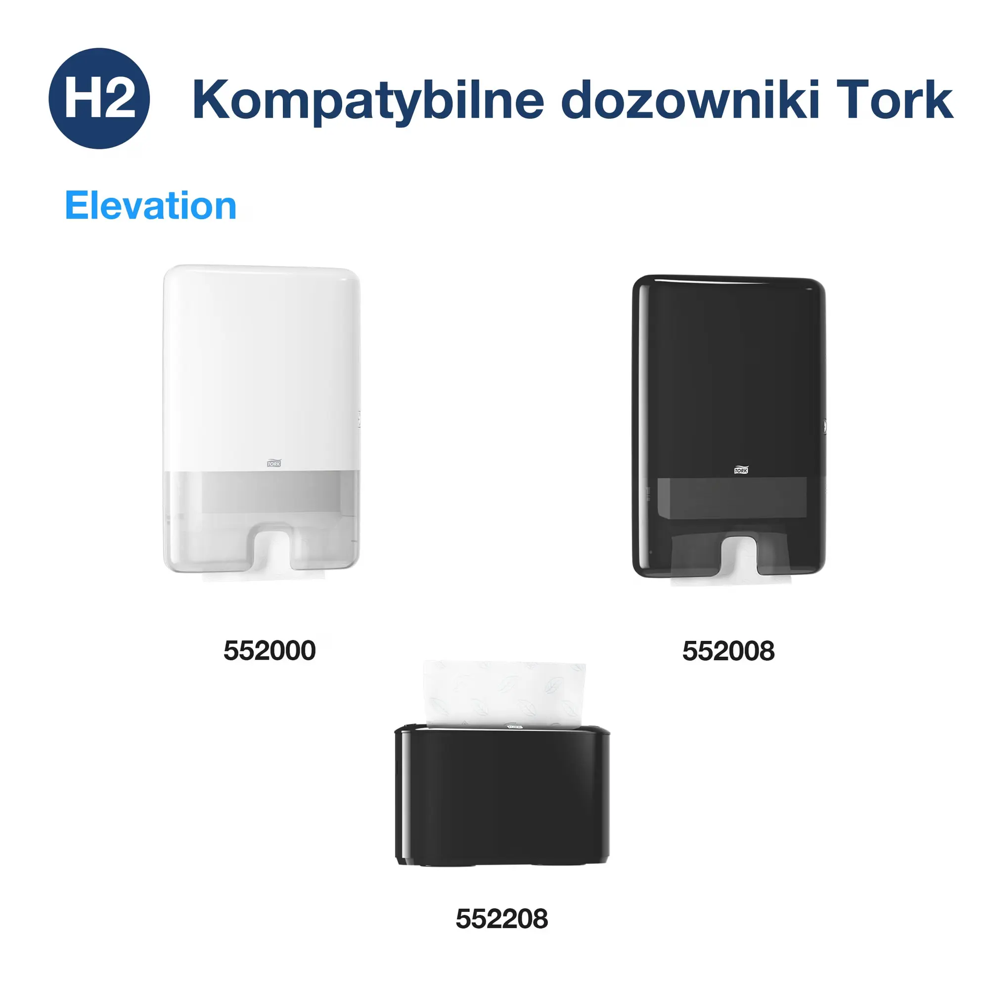 Tork Xpress 100297, zestawienie kompatybilnych dozowników Tork Elevation H2 białych i czarnych