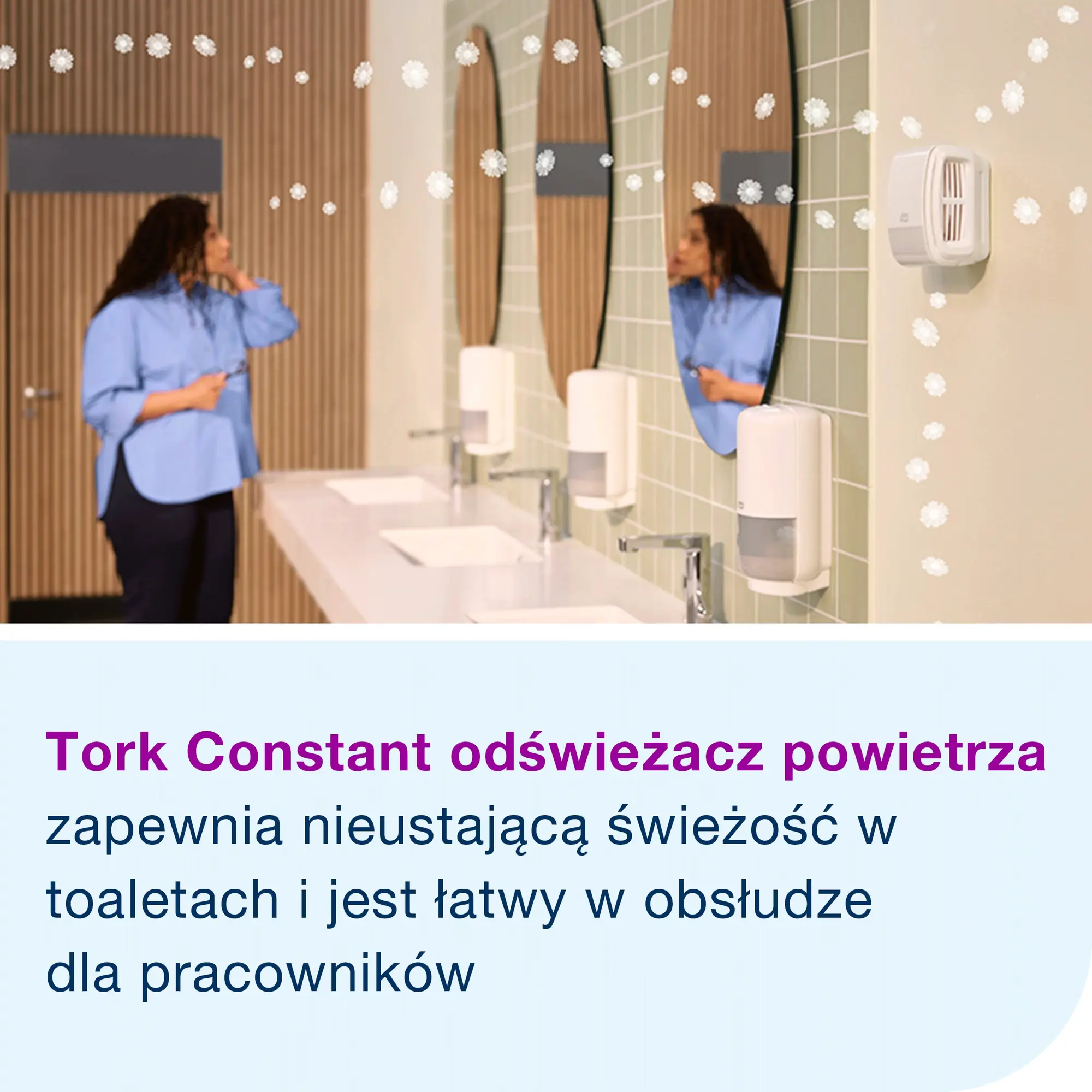 Tork dozownik do odświeżacza powietrza Constant biały A3, urządzenie w użyciu w toalecie publicznej