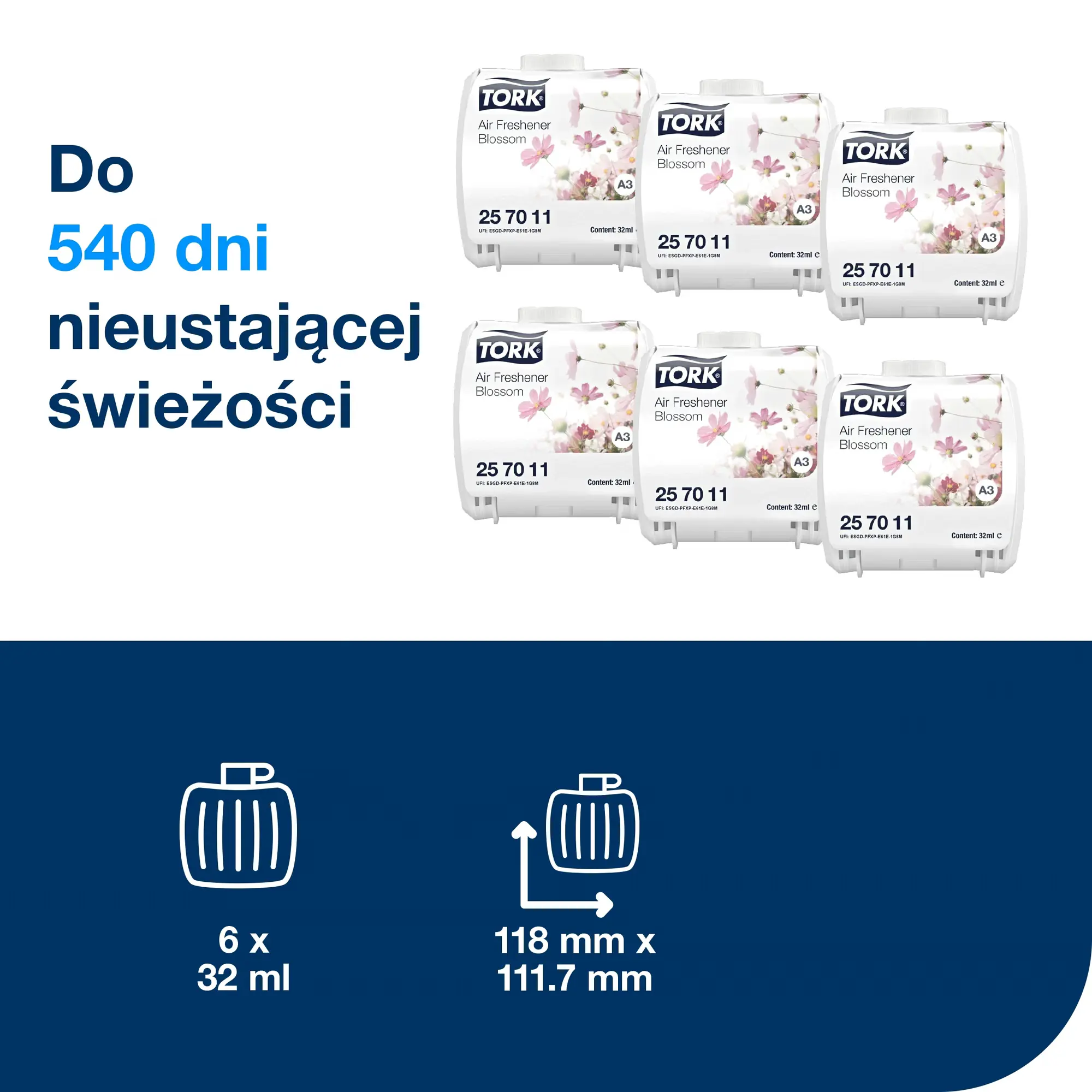 Tork odświeżacz powietrza Constant, zestaw 6 wkładów z informacją o wydajności do 540 dni i wymiarach