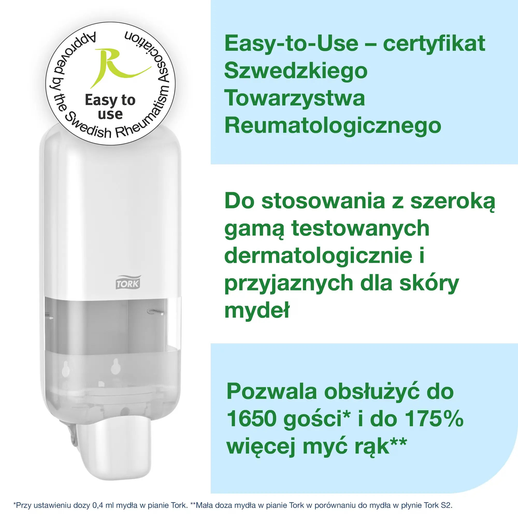 Tork dozownik do mydła biały S4, certyfikat Easy-to-Use Szwedzkiego Towarzystwa Reumatologicznego
