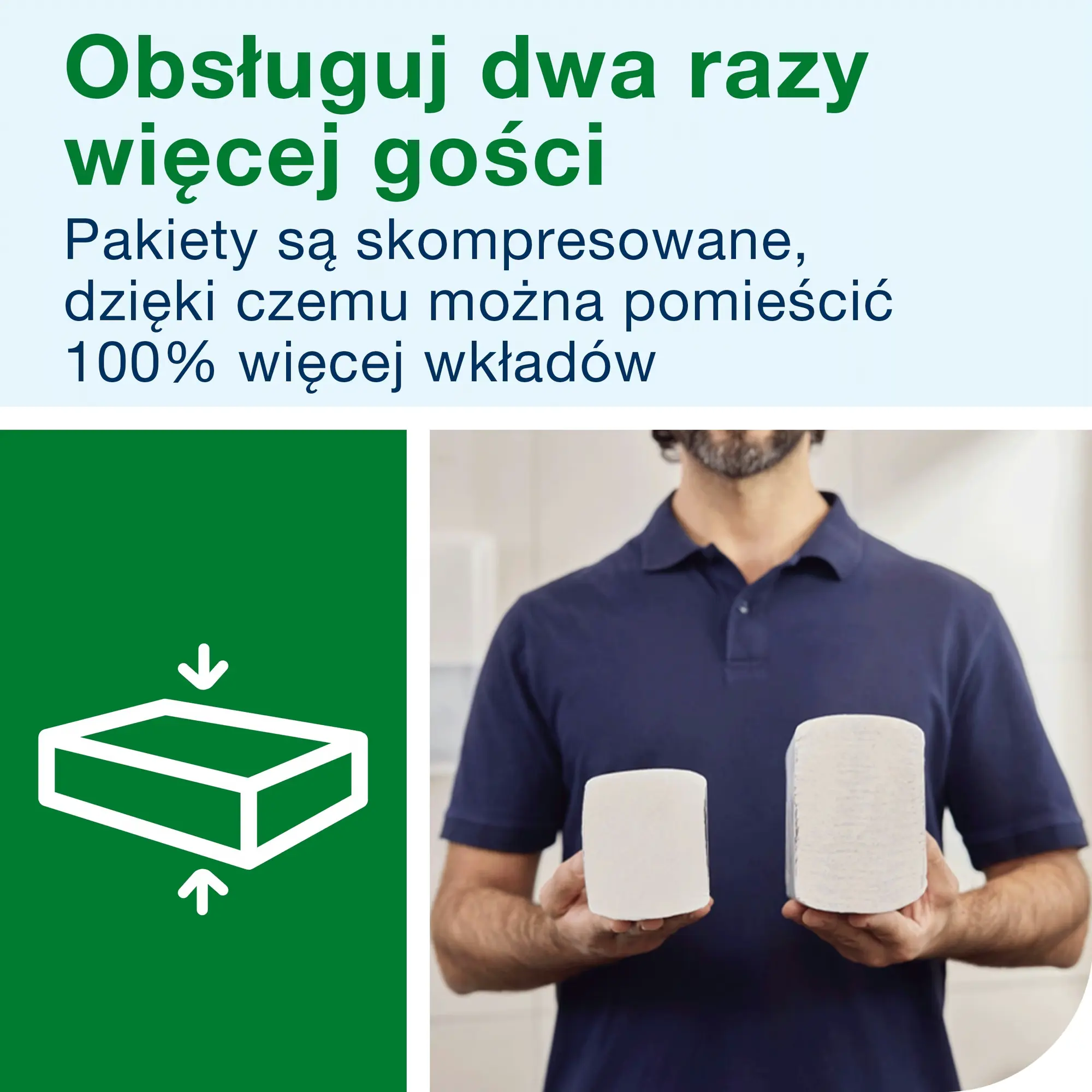 Tork Xpress 100889, porównanie wielkości standardowej i skompresowanej bindy ręczników w dłoniach