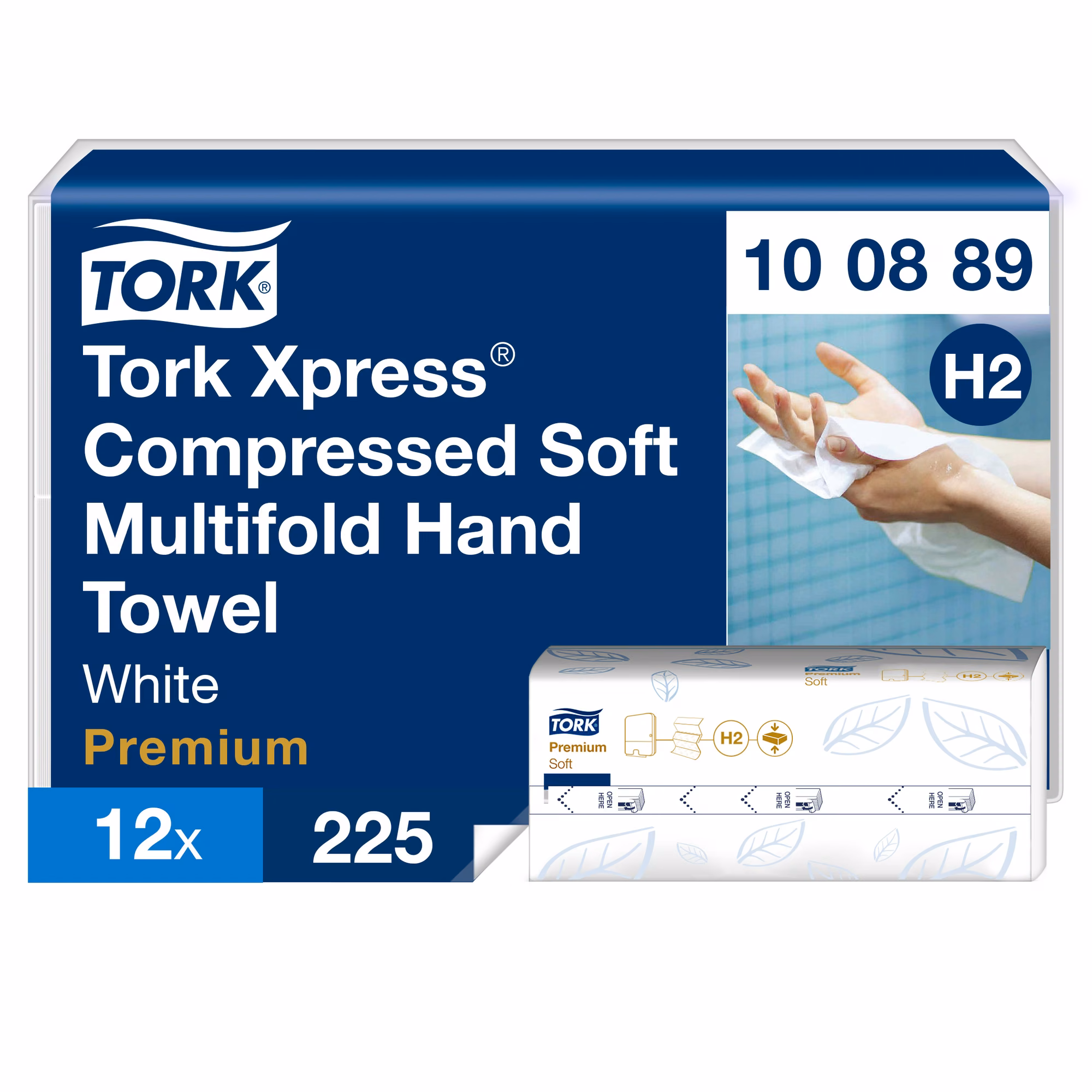 Tork 100889 Ręcznik Papierowy Składany do Rąk Premium 2-Warstwowy Biały 12 Paczek Miękki Chłonny System H2 Xpress