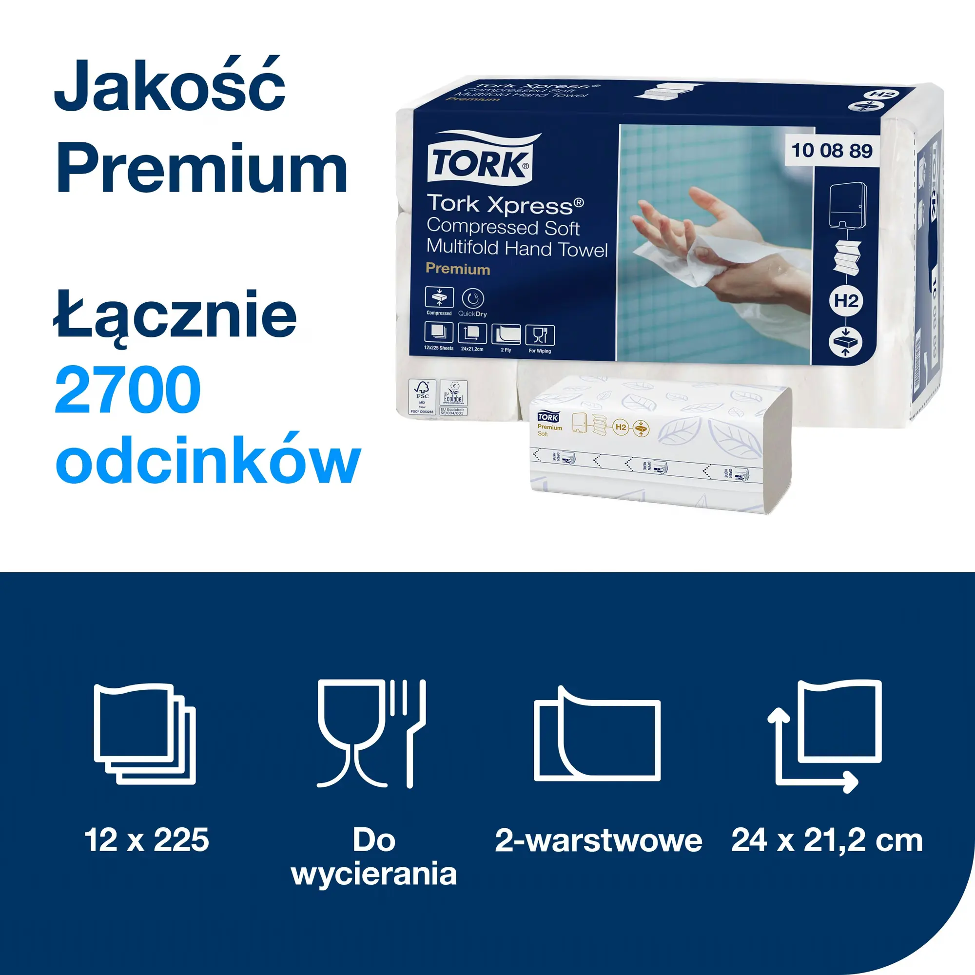Tork Xpress 100889, infografika z parametrami produktu 2700 odcinków i wymiarami 24 na 21,2 cm