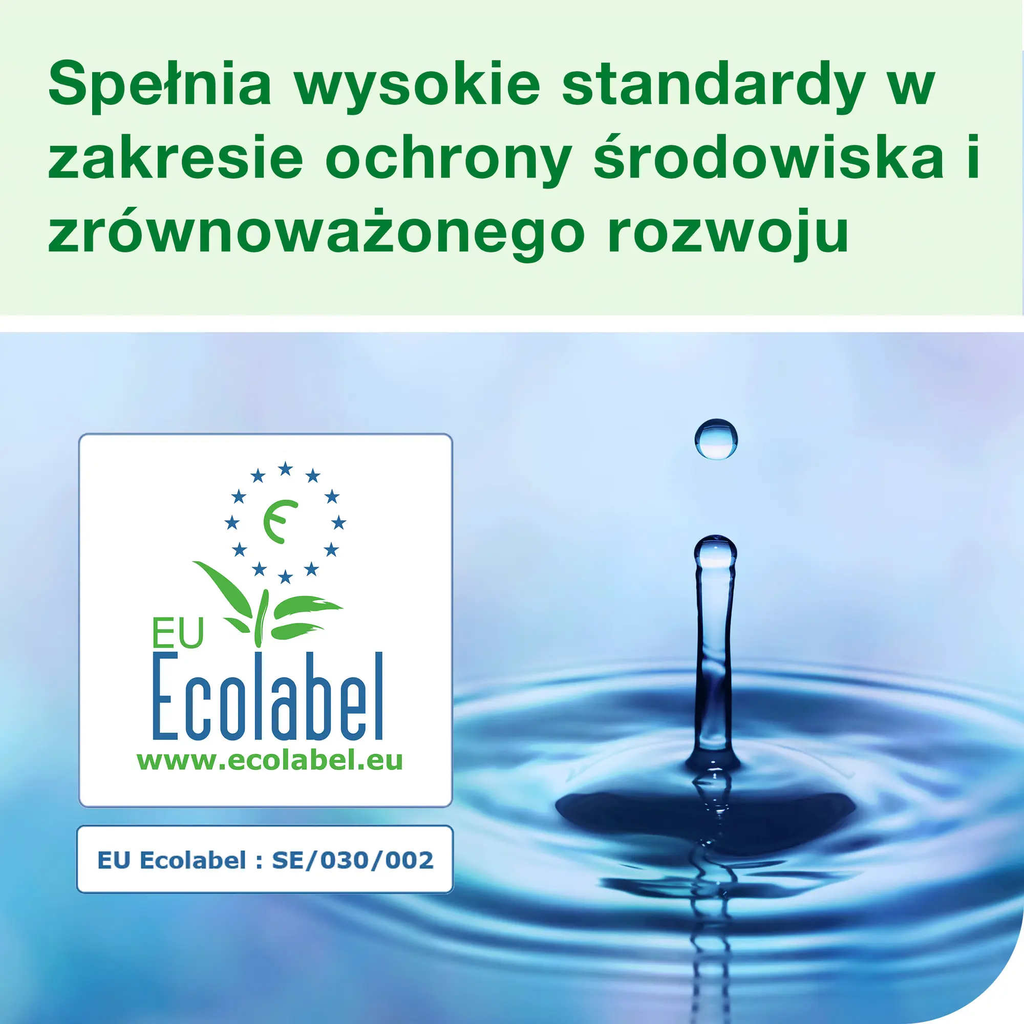 Tork Mini kremowy żel pod prysznic, certyfikat ekologiczny EU Ecolabel na tle kropli wody