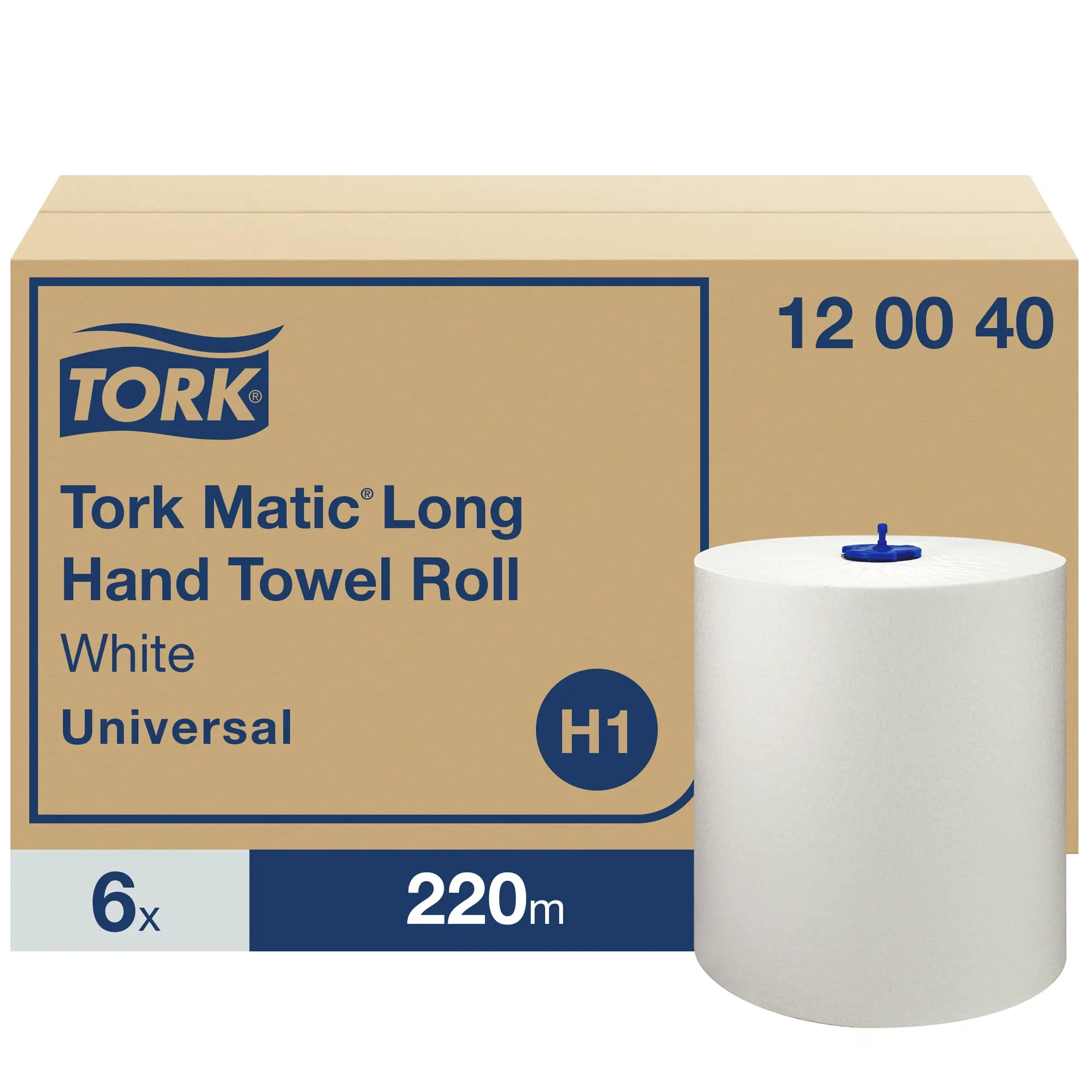 Tork Matic® długi ręcznik do rąk w roli, 220 m, biała rolka na tle kartonu zbiorczego 6 sztuk