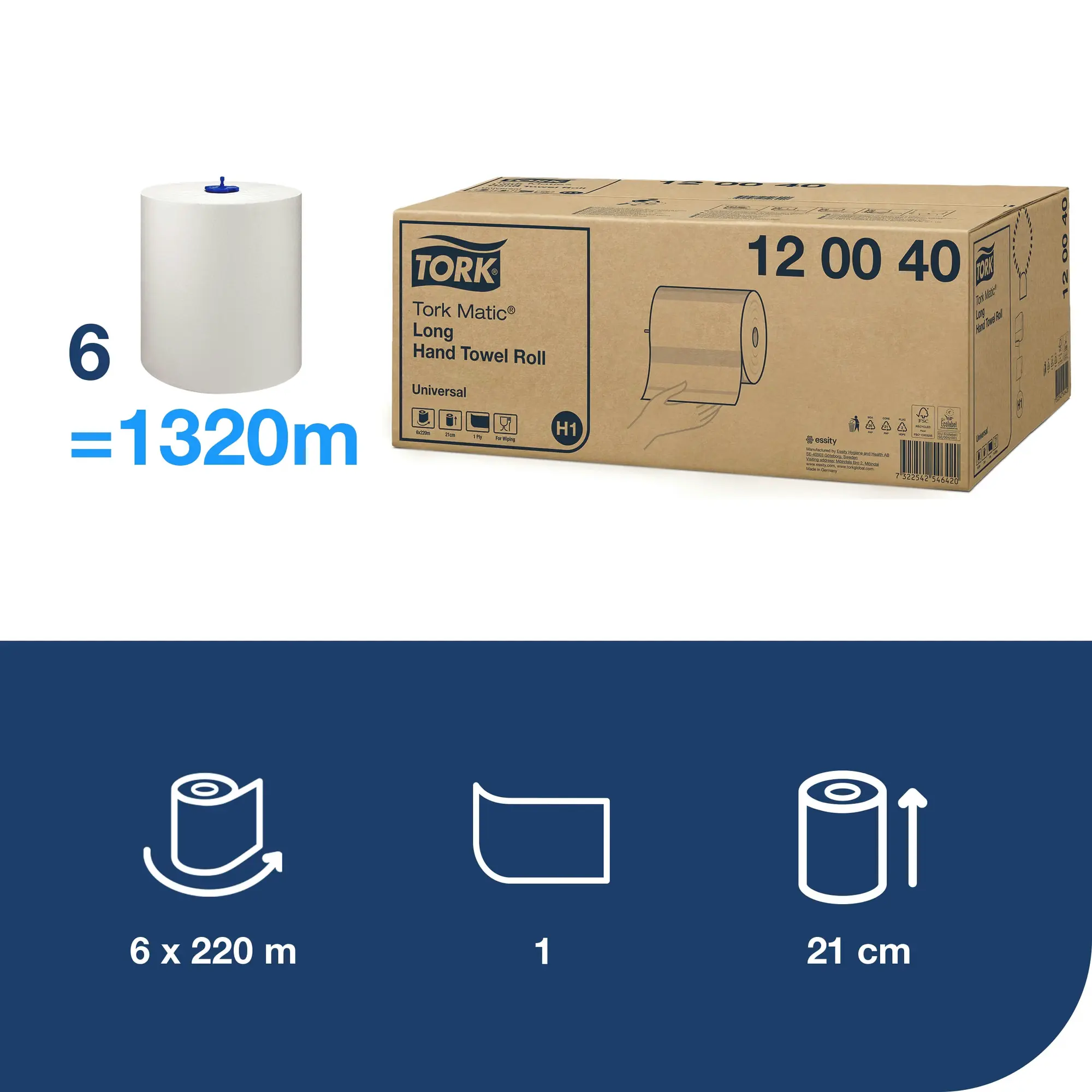 Tork Matic® długi ręcznik do rąk w roli, 220 m, specyfikacja techniczna roli o szerokości 21 cm i długości 1320 m