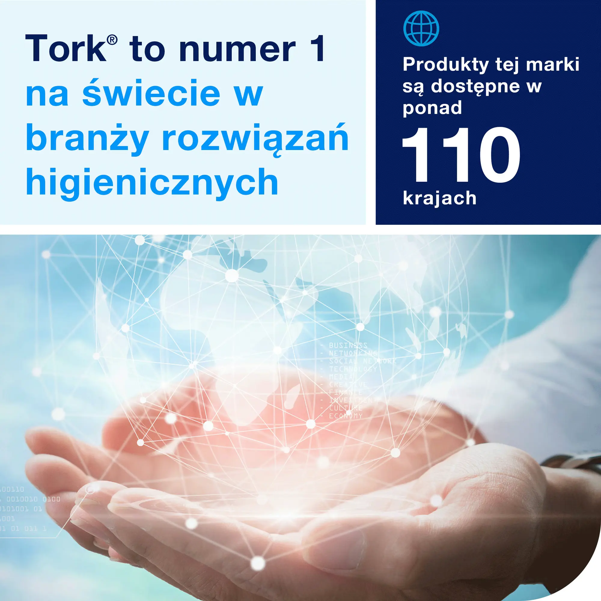 Tork miękki papier toaletowy w rolce konwencjonalnej, grafika informacyjna o globalnym zasięgu marki w 110 krajach