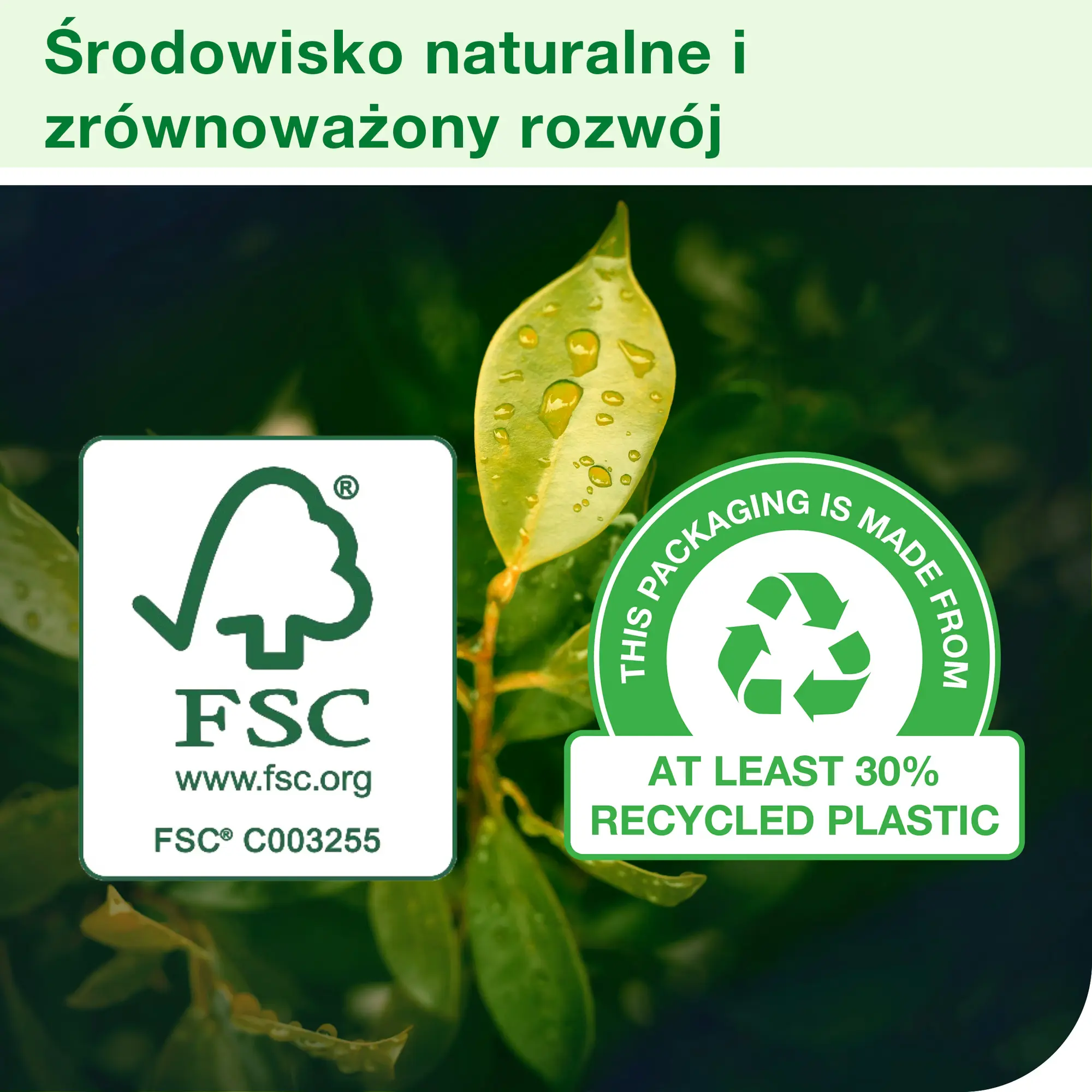 Ściereczki wielorazowe Tork W8, certyfikat FSC i informacja o opakowaniu z plastiku z recyklingu