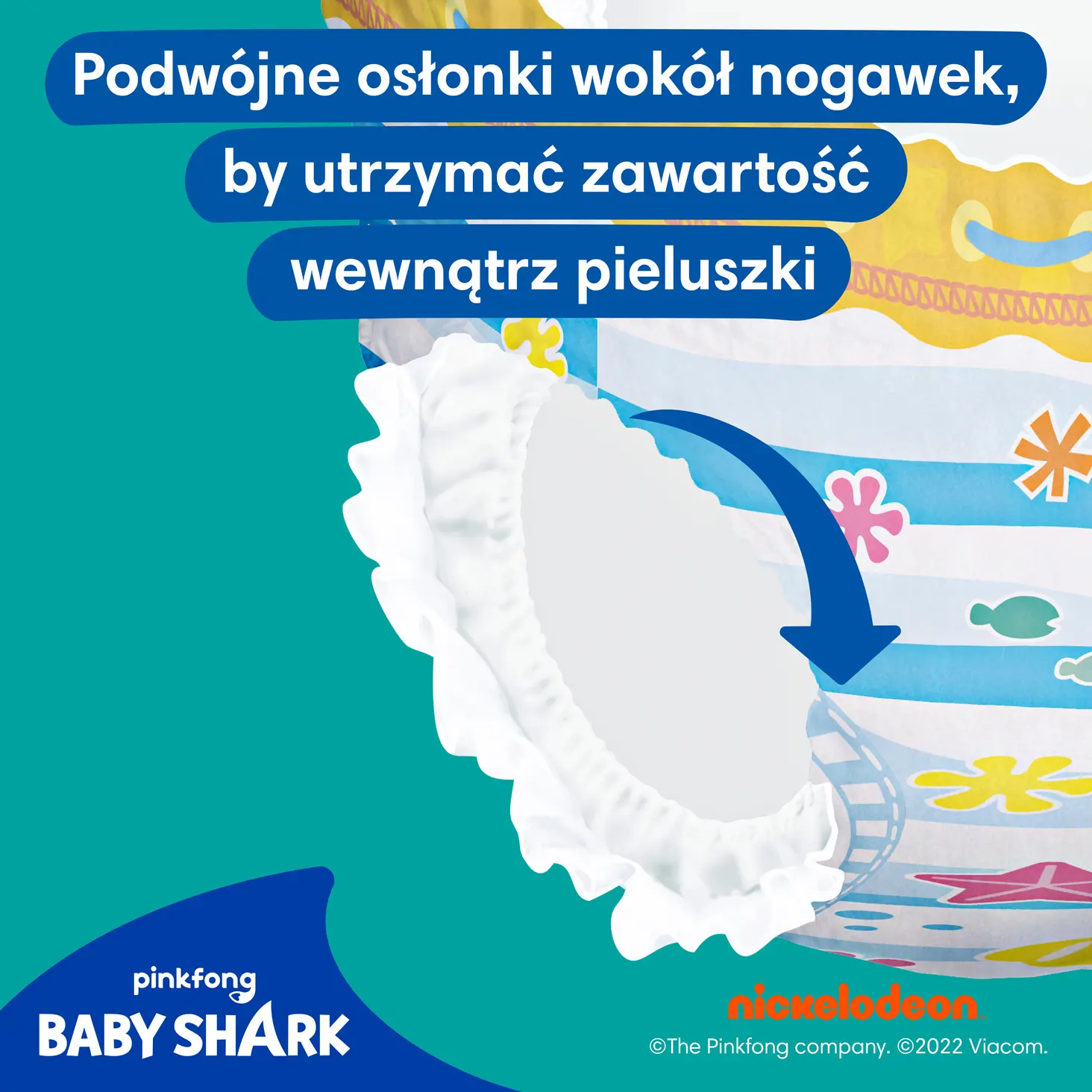 Pieluchy do Pływania Pampers Splashers 3-4 Baby Shark 6-11 kg 12 szt., podwójne barierki ochronne przy nogawkach