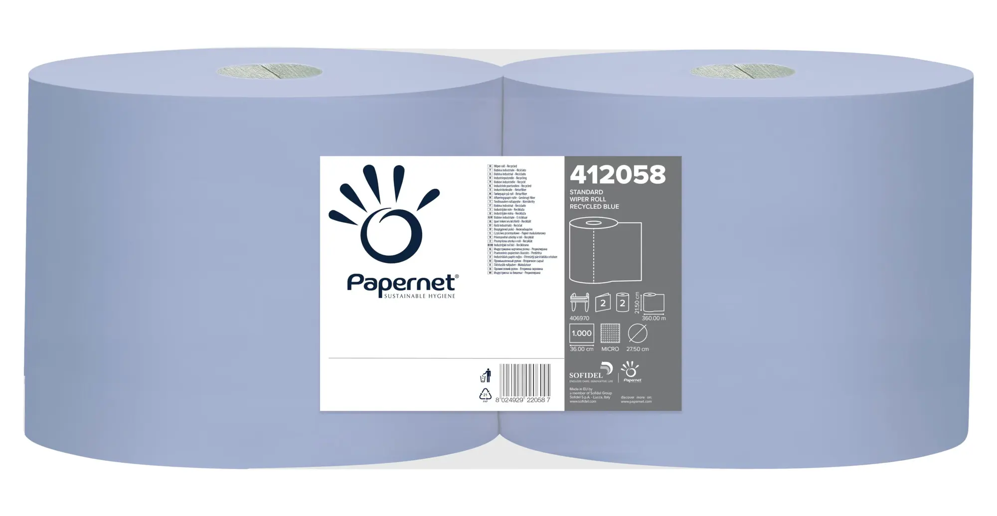 Czyściwo Papierowe Papernet 412058 Niebieskie, dwie duże rolki przemysłowe w opakowaniu z etykietą informacyjną