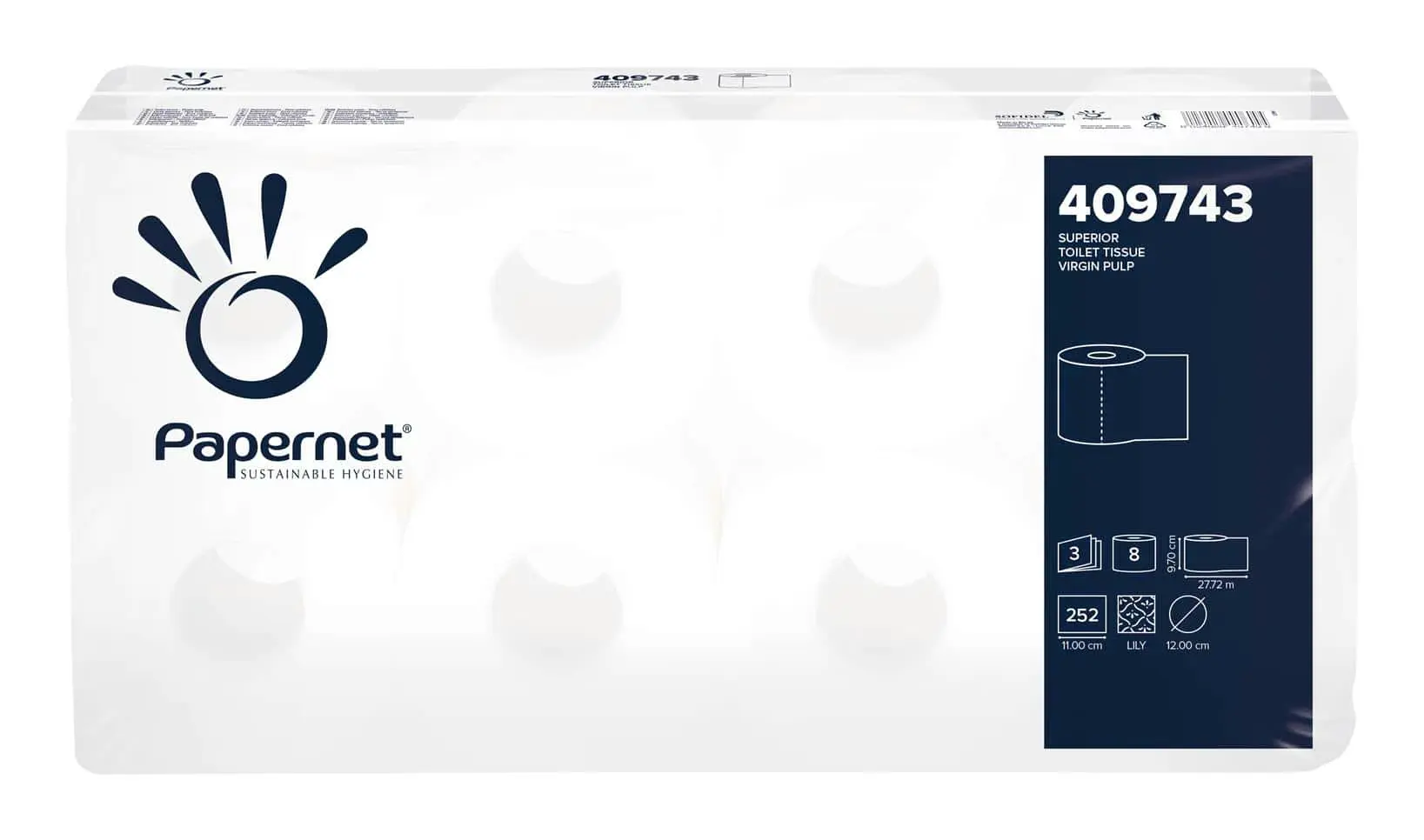 Papier toaletowy PAPERNET 409743 3wwy., opakowanie zbiorcze 72 rolek z widoczną etykietą techniczną i logo marki