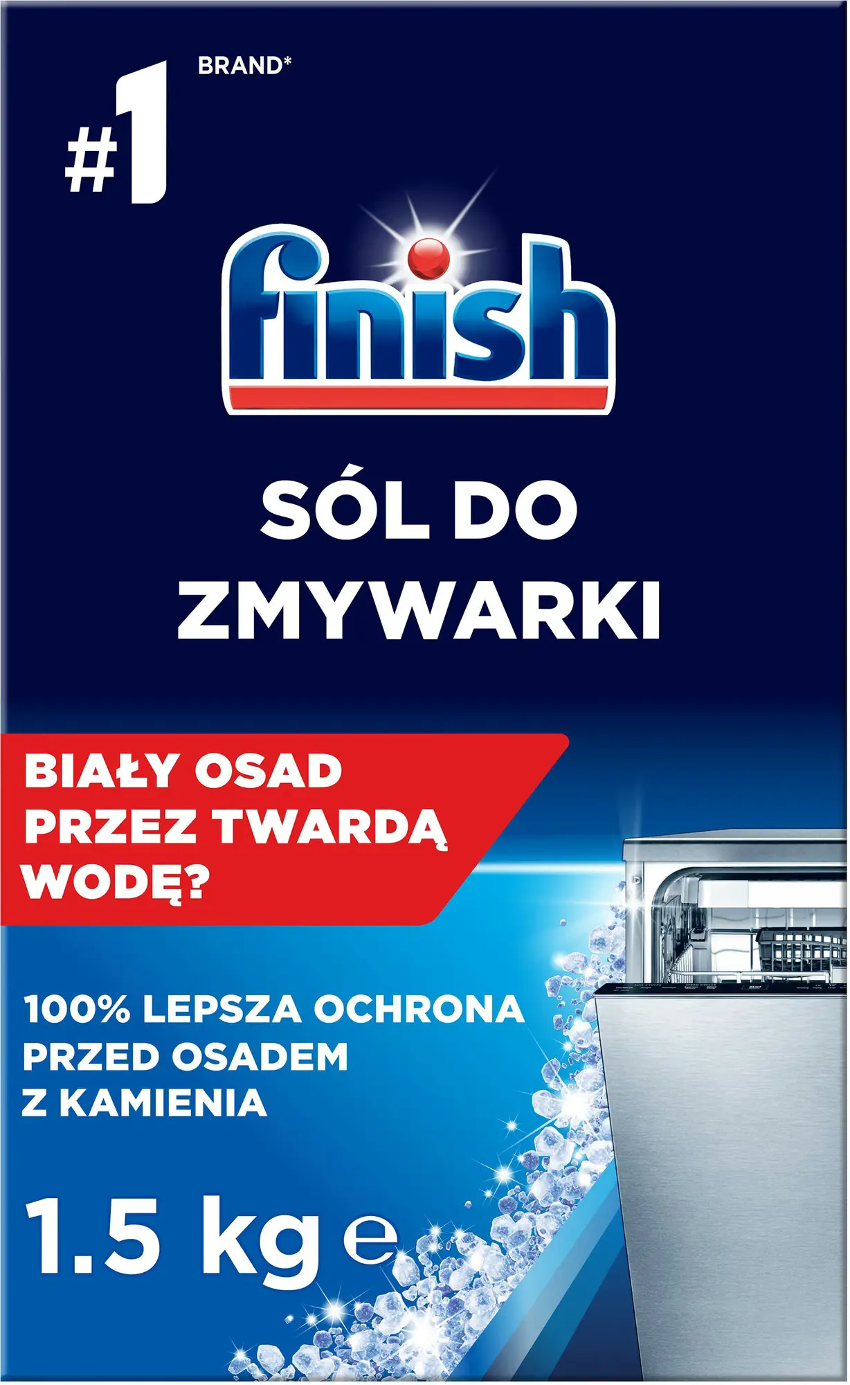 Sól do Zmywarek Ochronna Finish Salt 1.5 kg, przód opakowania z grafiką kryształków soli i zmywarki