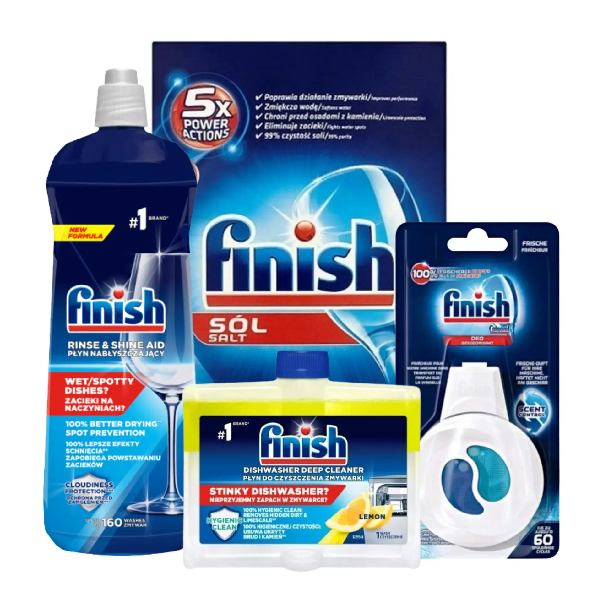 Sól do Zmywarek Ochronna Finish Salt 1.5 kg, zestaw produktów Finish w tym płyn nabłyszczający i czyścik