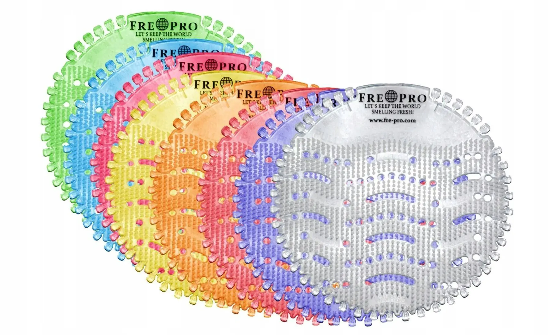 FRE-PRO wkł.A'2 do pisuaru ogórek-melon, zestaw kolorowych wkładek zapachowych ułożonych kaskadowo