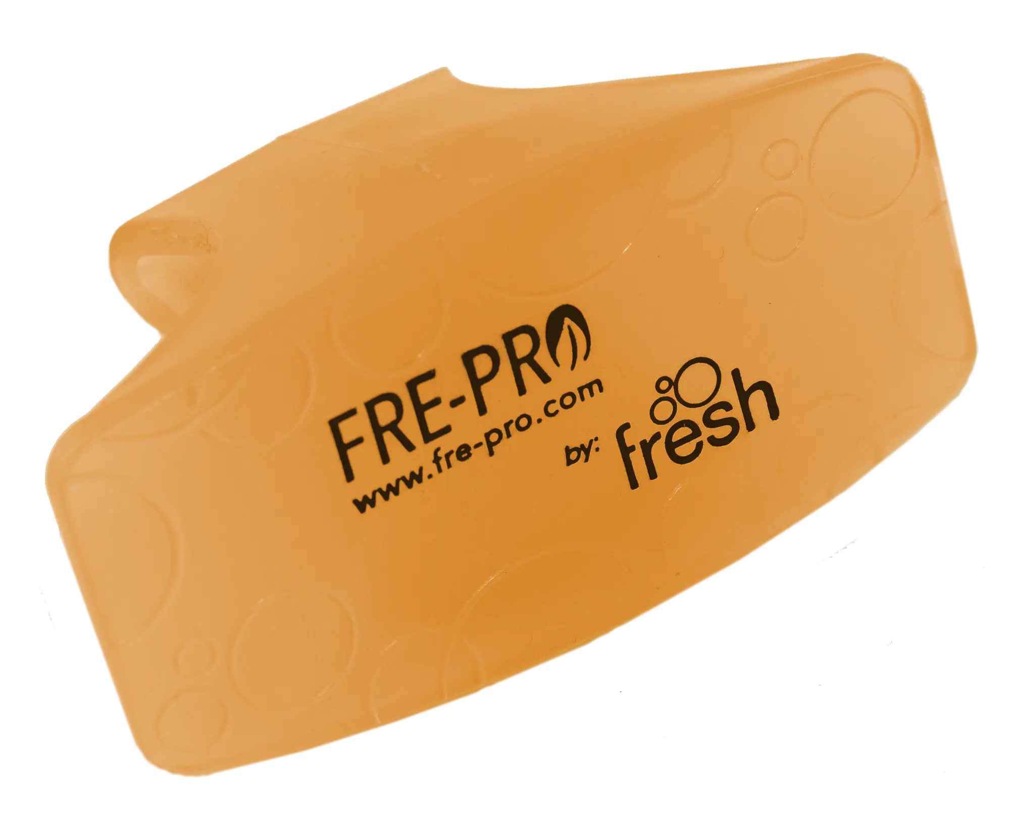 Zawieszka Zapachowa do WC FRE-PRO Bowl Clip Mango Pomarańczowa 1 szt., zbliżenie na logo i fakturę na czarnym tle