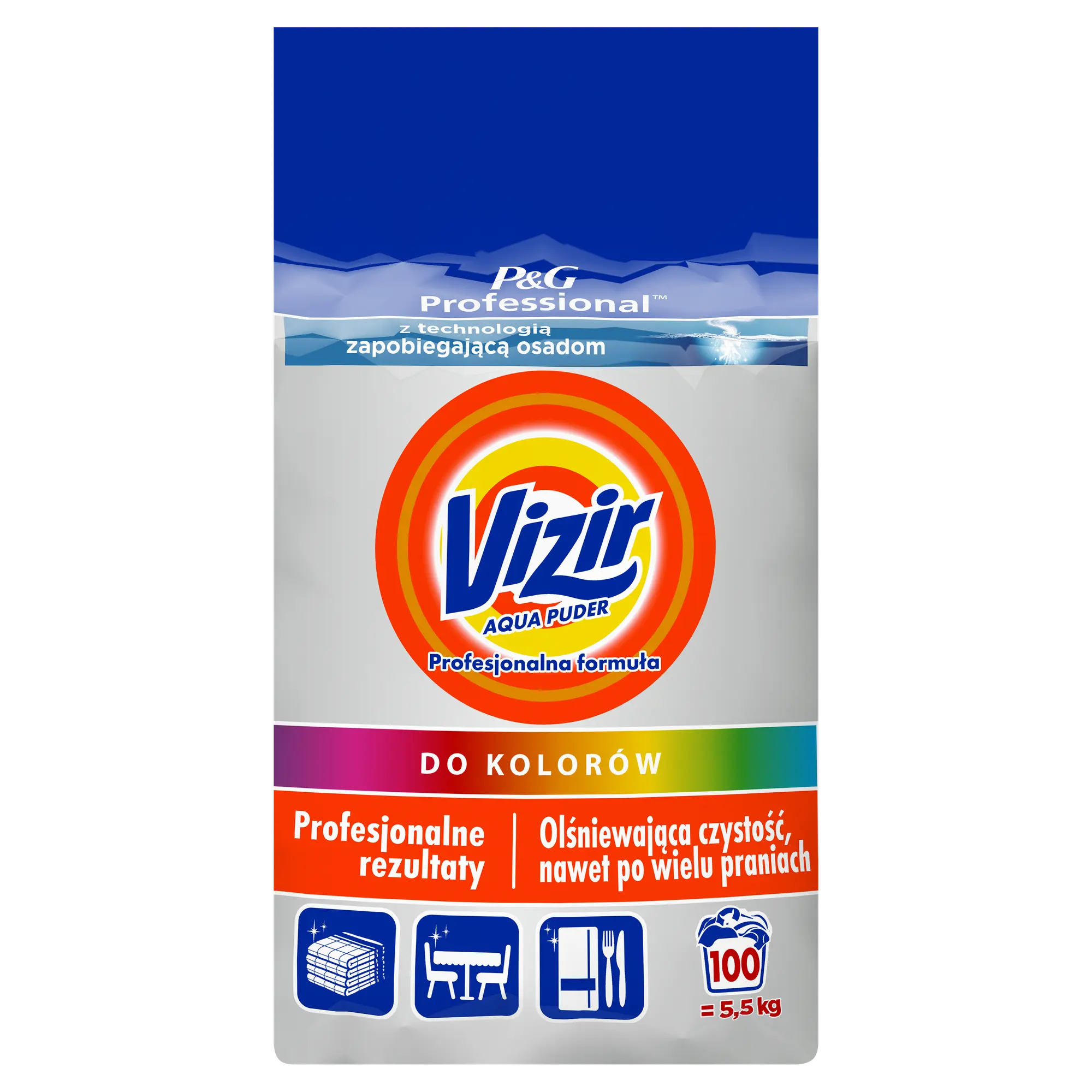 Proszek do Prania Vizir Professional Color 5.5 kg 100 prań, front opakowania z logo AquaPuder i ikonami zastosowania
