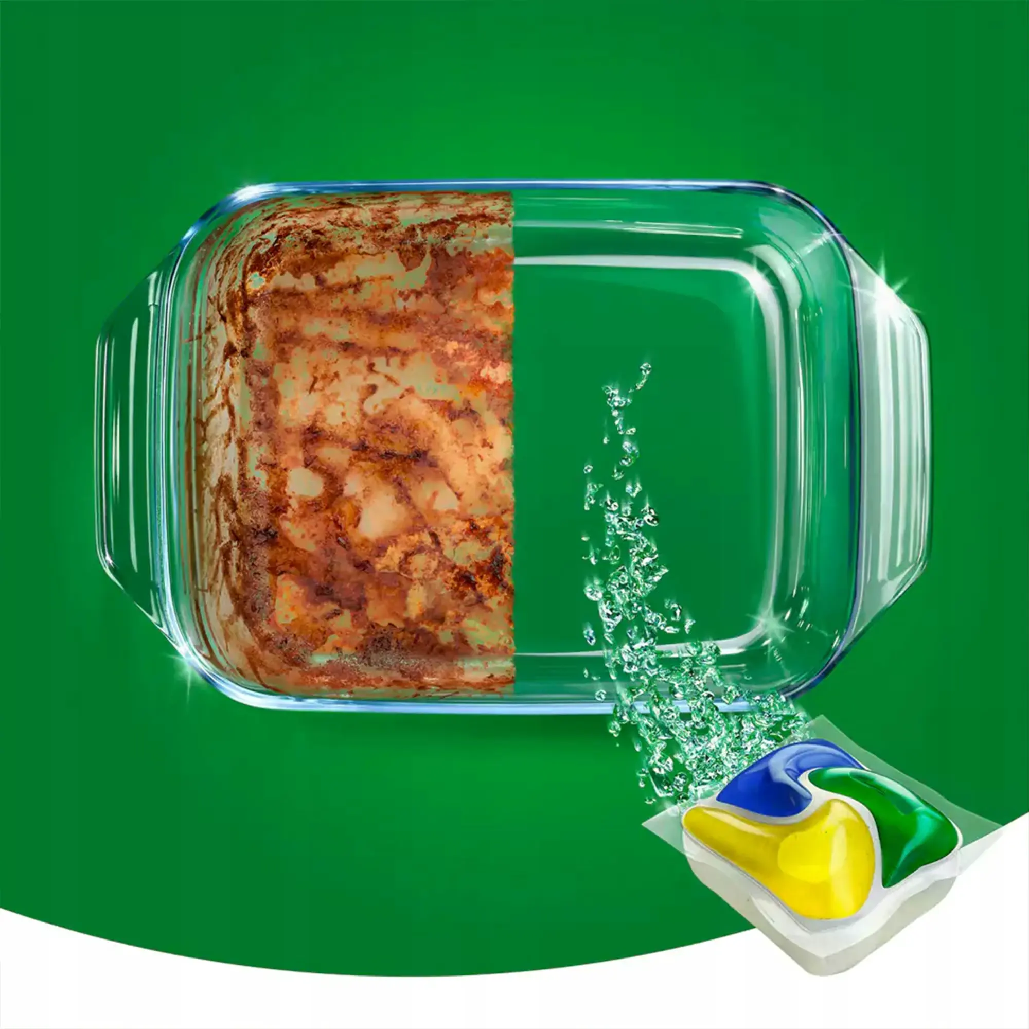 Kapsułki do Zmywarki All In One Fairy Platinum Lemon 96 szt., porównanie czystego i brudnego naczynia żaroodpornego