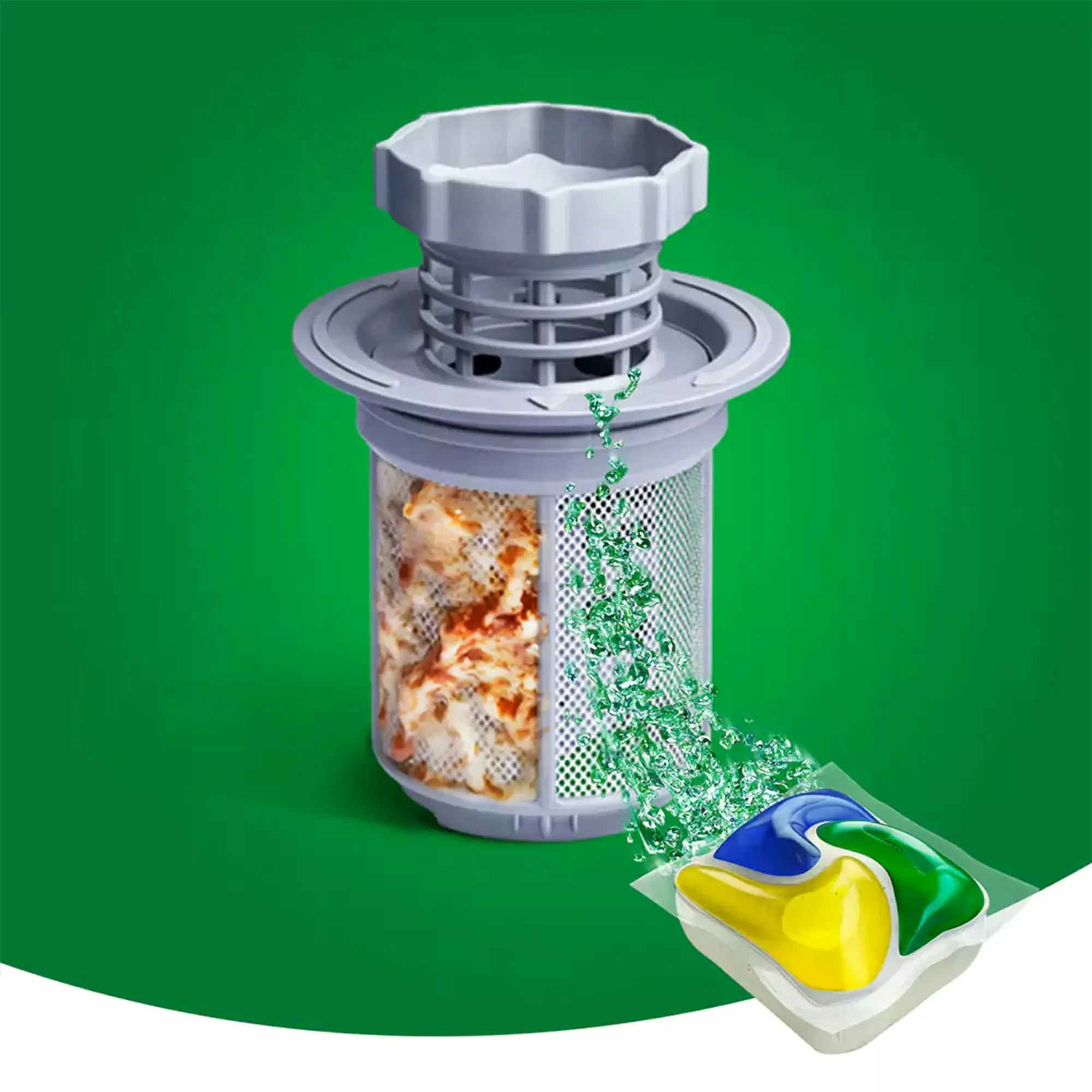 Kapsułki do Zmywarki All In One Fairy Platinum Lemon 96 szt., wizualizacja czyszczenia filtra zmywarki z tłuszczu