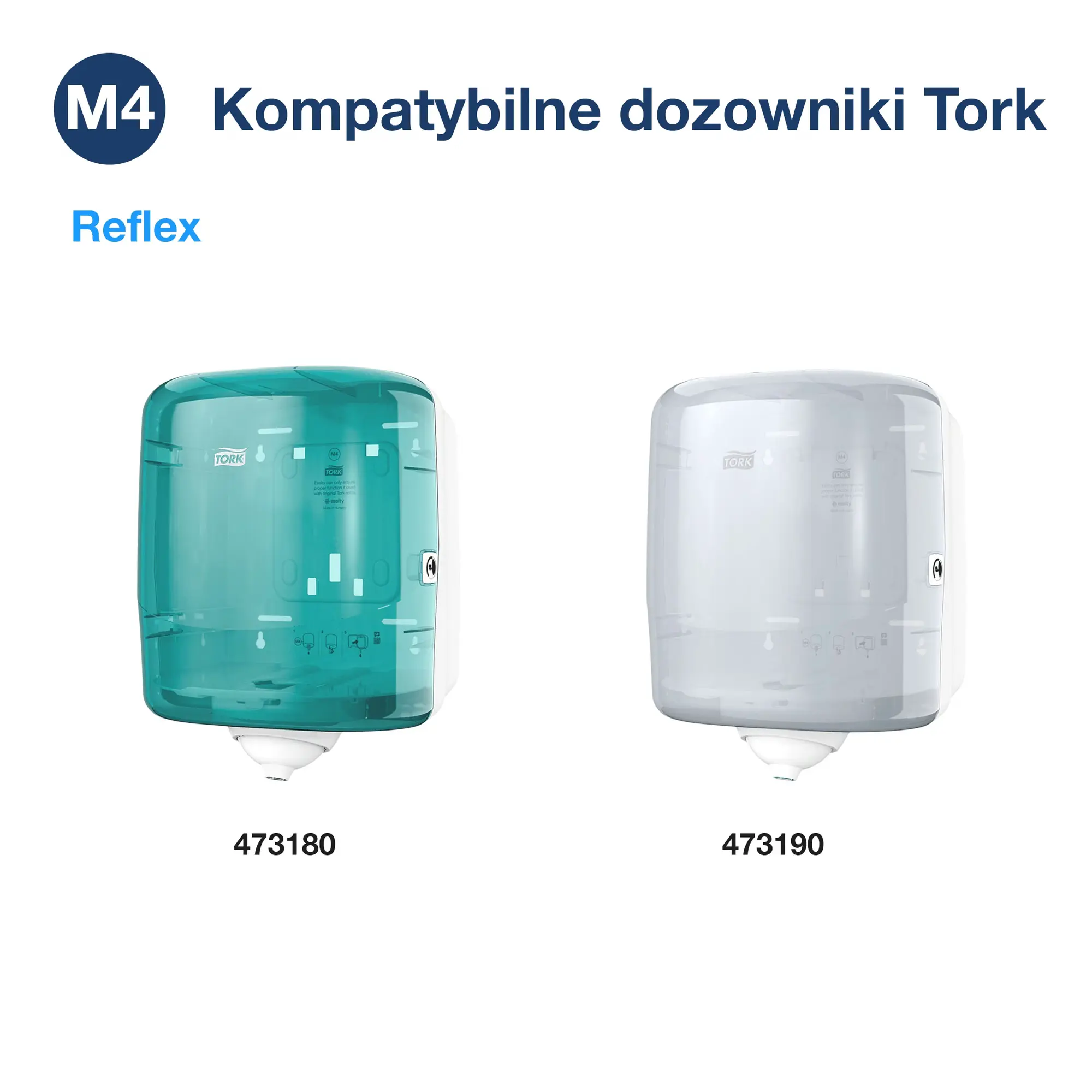 Czyściwo papierowe M4 Tork Reflex™, kompatybilne dozowniki Tork Reflex w kolorze turkusowym i białym