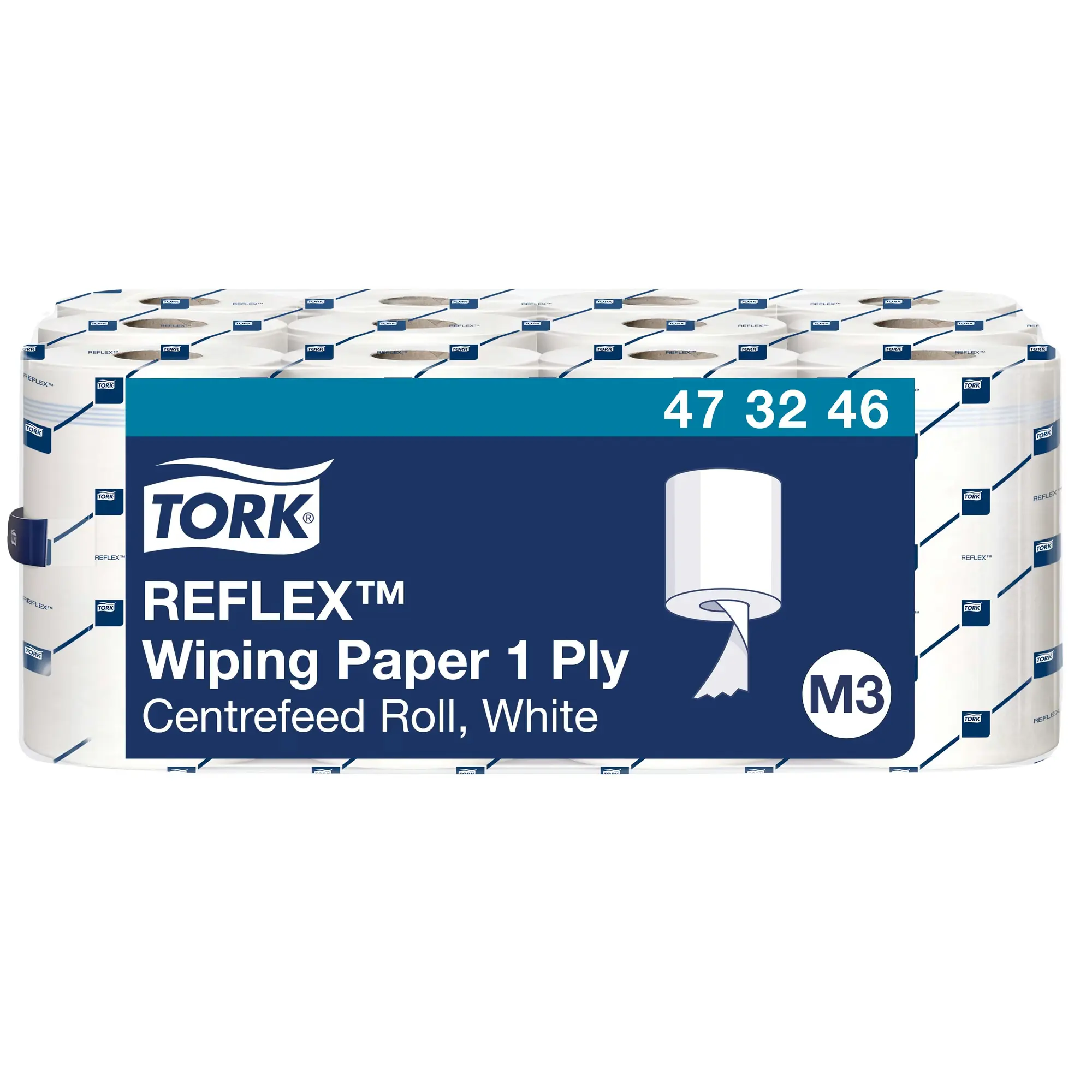 Czyściwo papierowe M3 Tork Reflex 473246, widok na etykietę produktu i ułożenie rolek