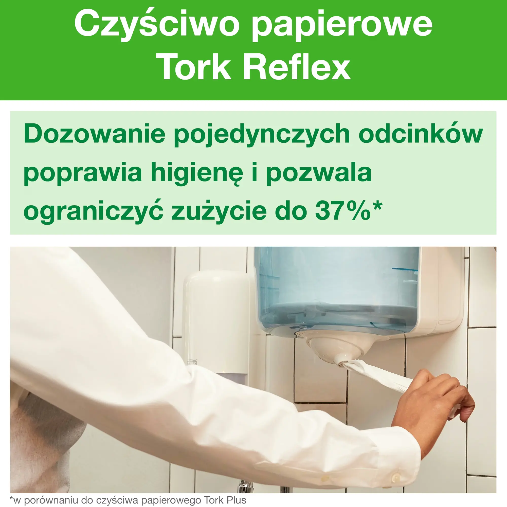 Czyściwo papierowe M3 Tork Reflex, dozowanie pojedynczego odcinka z niebieskiego podajnika