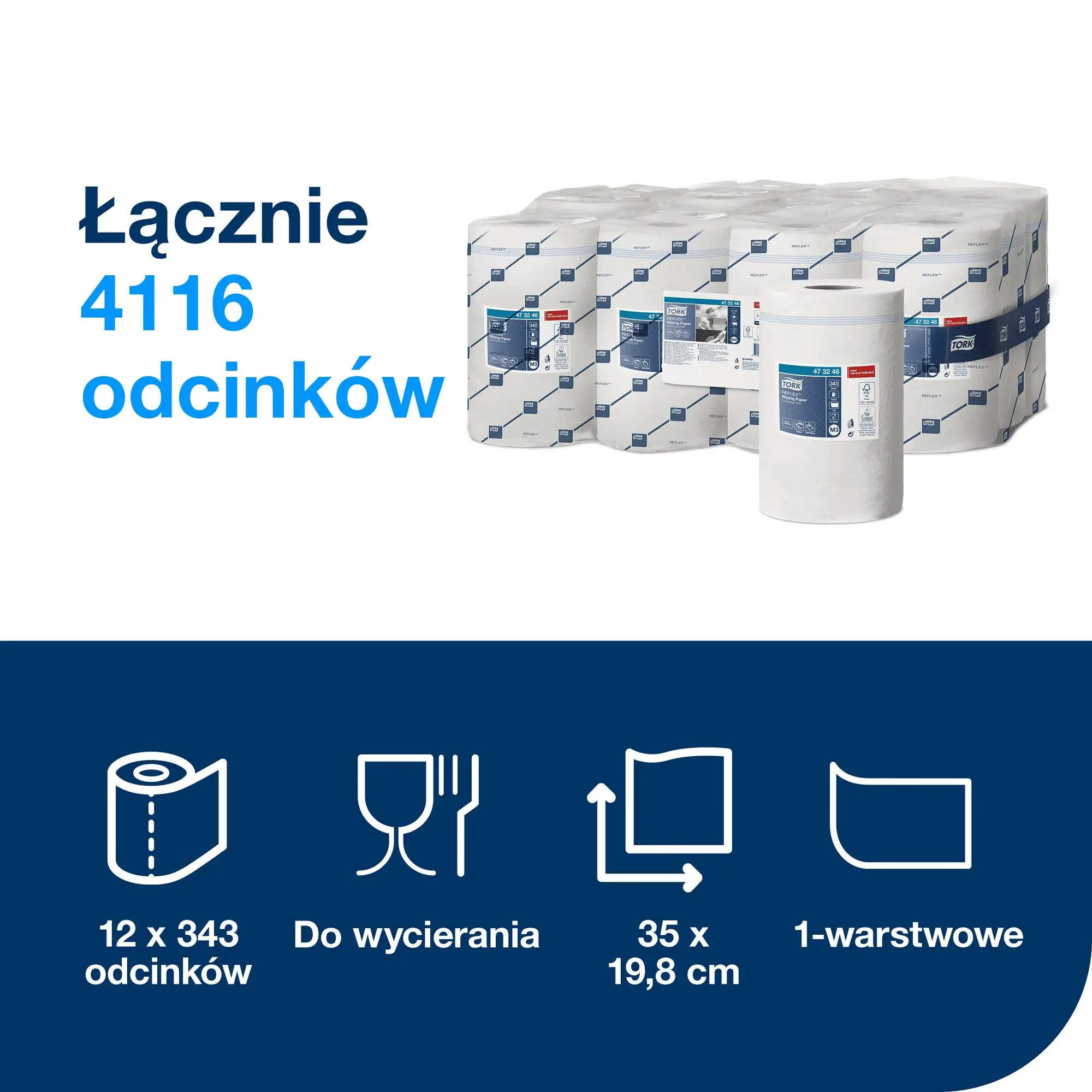 Czyściwo papierowe M3 Tork Reflex, specyfikacja techniczna 12 rolek po 343 odcinki 1-warstwowe