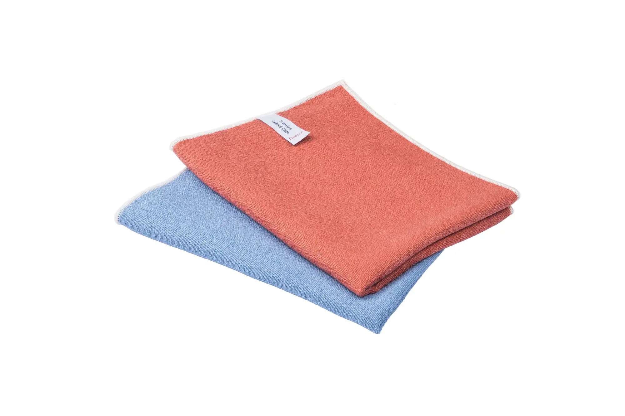 Ściereczka Mikrofibra Duotex Premium Cloth Twisted MSD 016P, czerwona i niebieska ścierka złożone na białym tle