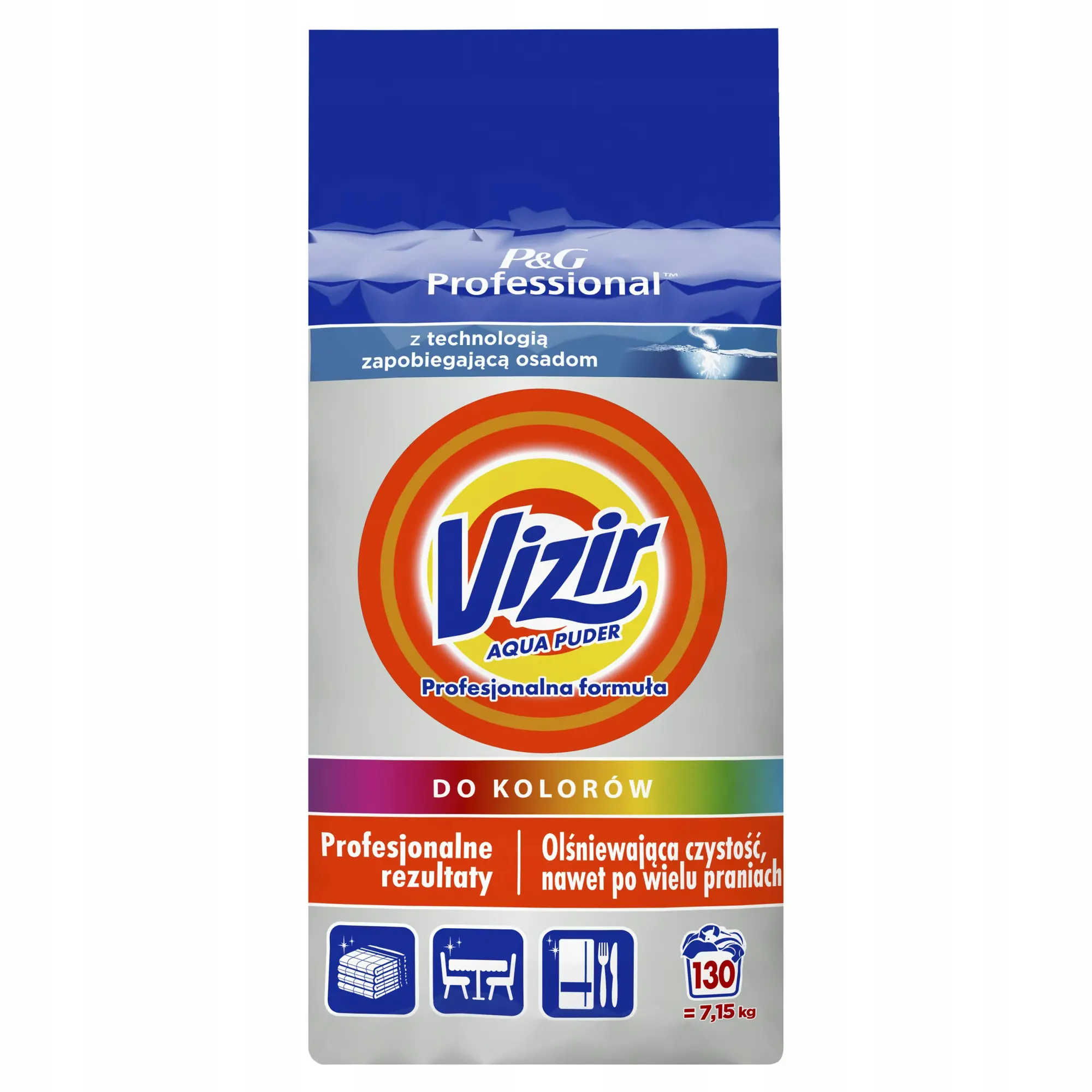Proszek do Prania Vizir Professional Color 7.15 kg, widok z przodu na opakowanie z logo Aqua Puder i informacją o 130 praniac