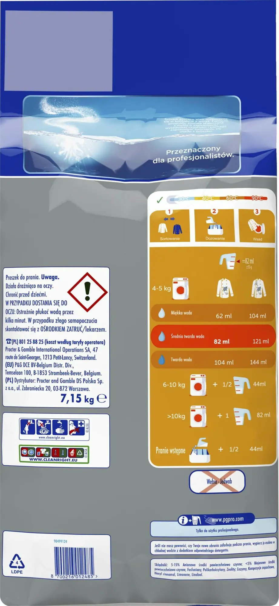 Proszek do Prania Vizir Professional Color 7.15 kg, tył opakowania z tabelą dozowania, instrukcją użycia i składem produktu